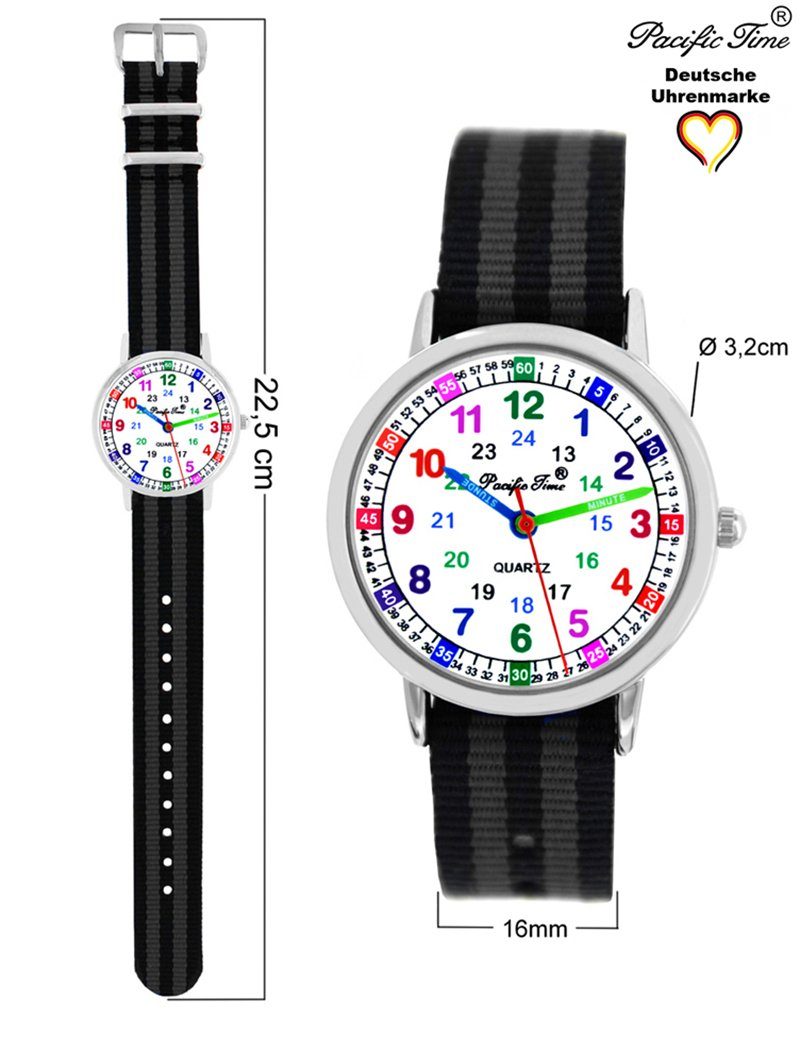 Pacific Time Armbanduhr Quarzuhr Reflektor - schwarz gelb Wechselarmband, und Match gestreift Kinder grau Gratis Lernuhr Set Versand Design Mix
