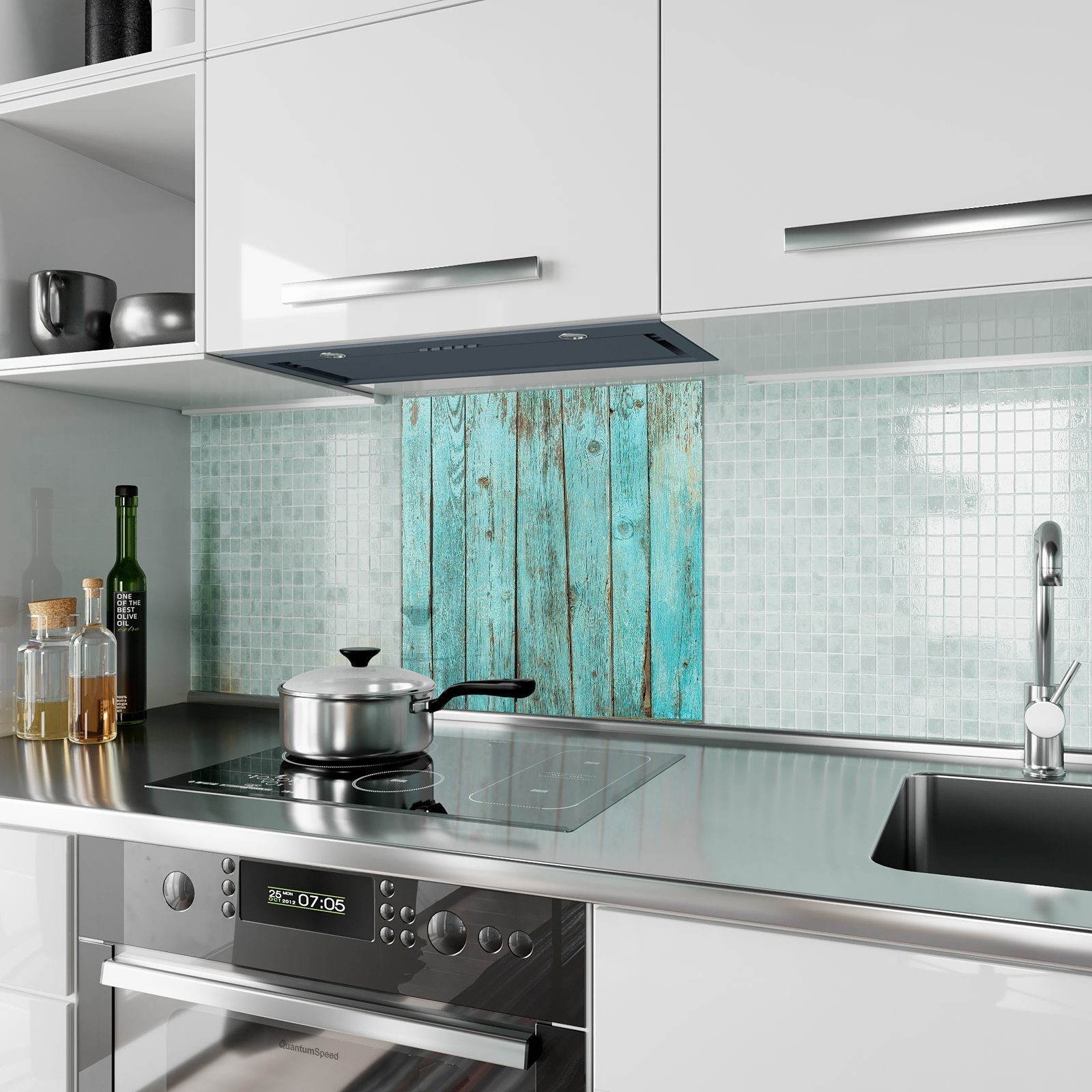 Primedeco Spritzschutz Küchenrückwand Küchenrückwand Motiv Glas Holzwand Türkise mit