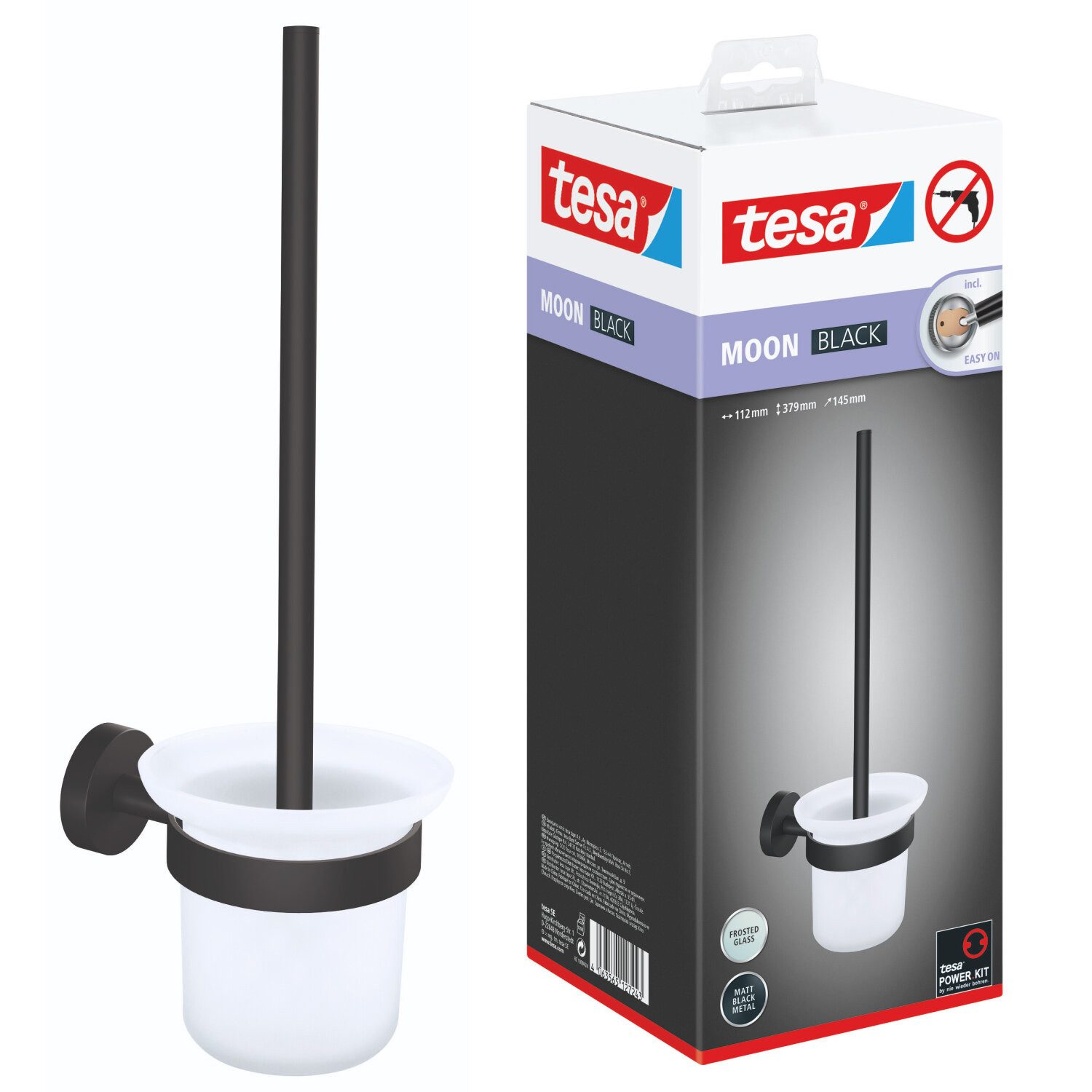 tesa WC-Garnitur MOON Toilettenbürstenhalter ohne Bohren - 37,9 cm : 11,2 cm : 14,5 cm, Badezimmer, Gäste-WC, Wandmontage, (Packung, 1-tlg), selbstklebende WC-Bürste für Wandmontage - schwarz