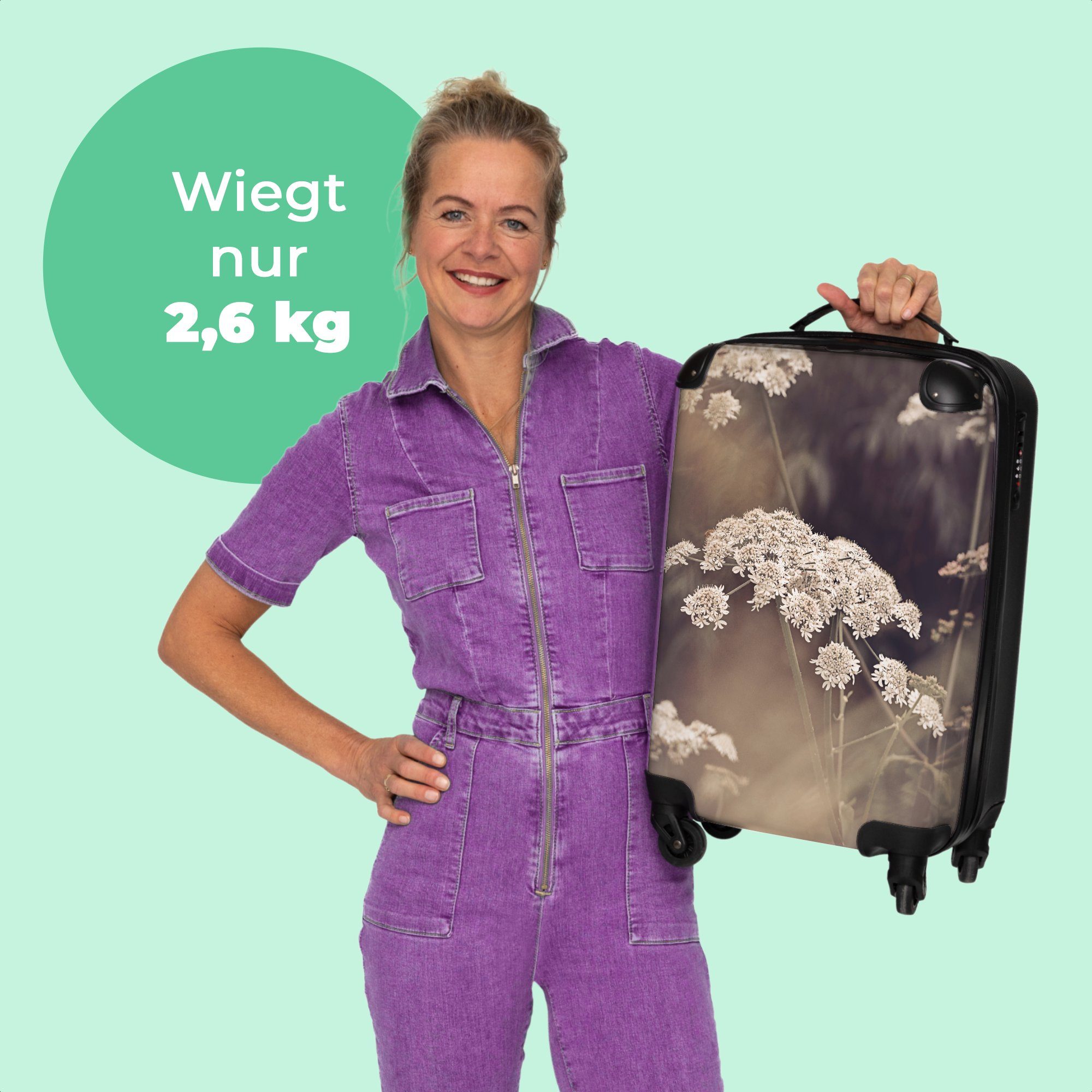 NoBoringSuitcases.com© Handgepäckkoffer Trolley Handgepäck Rollen, Rollkoffer 4 Rollen Kleine Weiß Natur - Cabin Pflanze 55x35x20cm 4 Reisekoffer Blumen, - mit - 