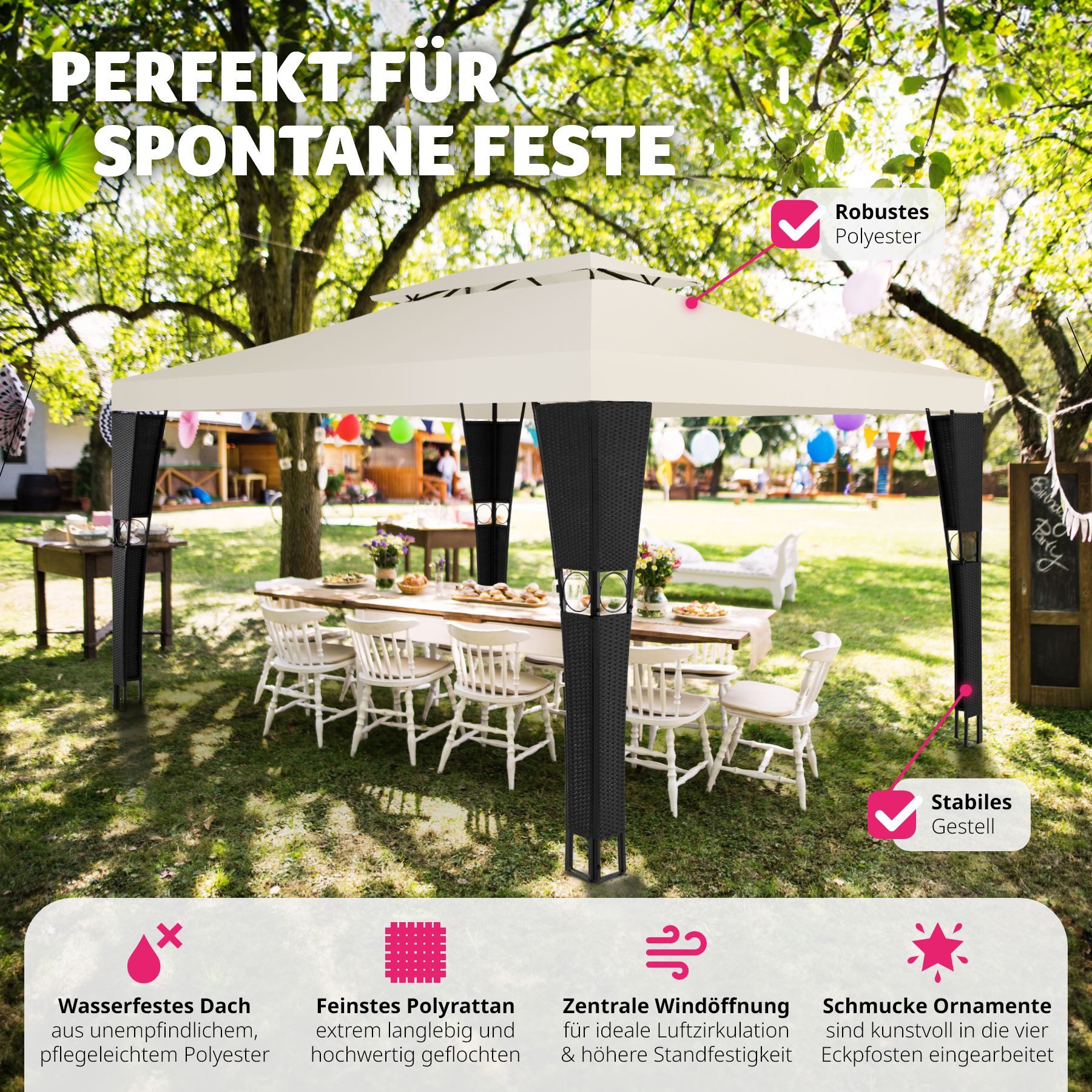 tectake Pavillon Rattan Gartenpavillon, mit 0 Seitenteilen, (400 x 300 x 265 cm, Komplettset), wasserabweisend
