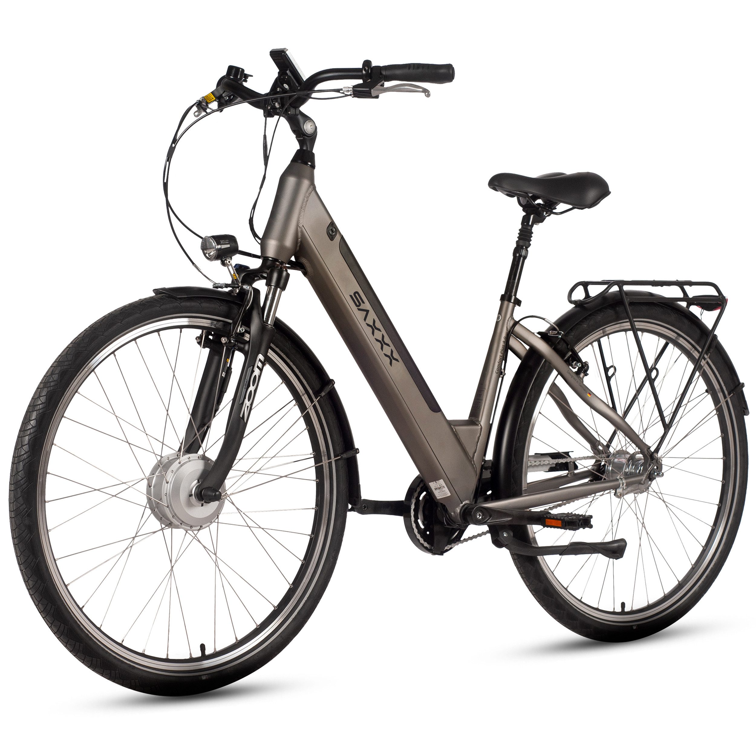 SAXXX E-Bike Cityrad 28 Zoll, max.90km, Federsattelstütze, Federgabel mit Lockout, V-Bremse, 7 Gang Shimano NEXUS Schaltwerk, Nabenschaltung, Frontmotor, 418 Wh, 5 Stufen, max. 130 kg, Pedelec, Elektrofahrrad für Damen und Herren