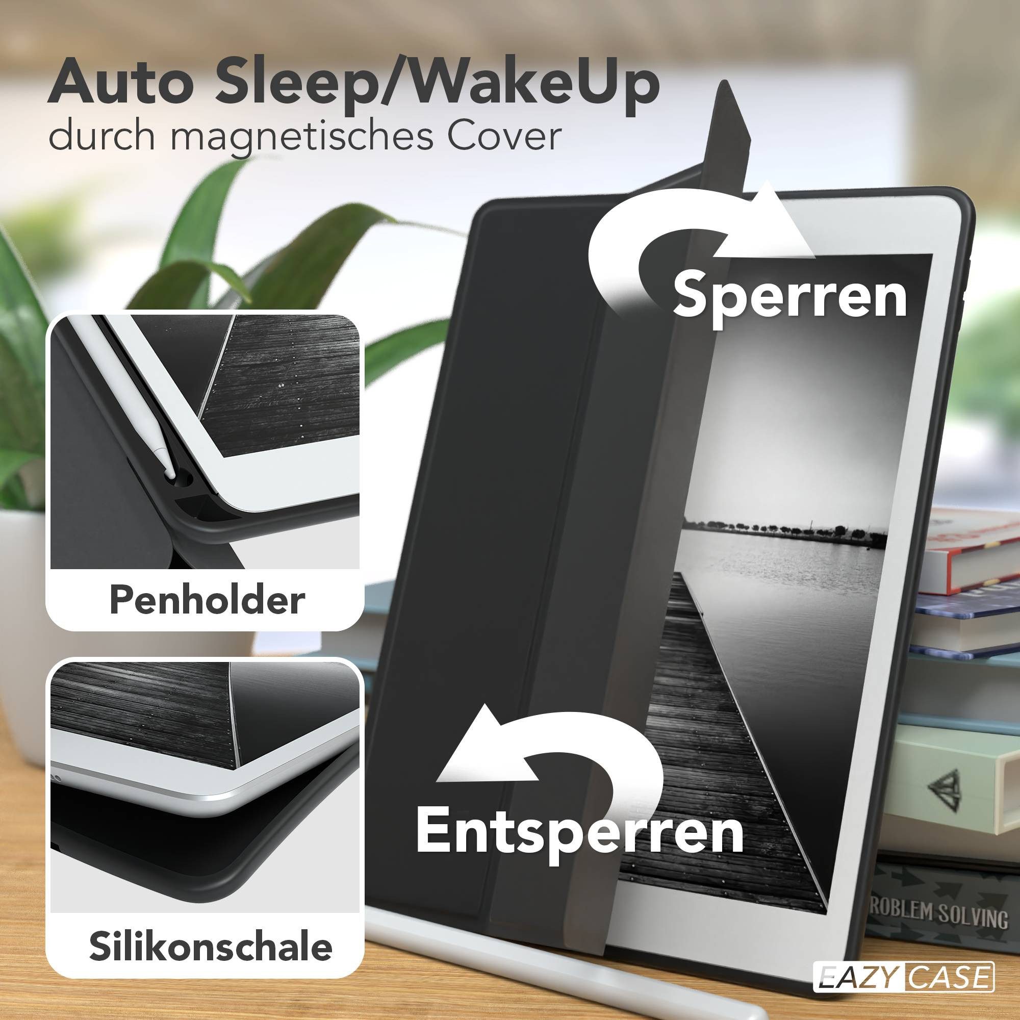 EAZY CASE Tablet-Hülle Penholder Smartcase für iPad 7. / 8. / 9. Gen. 10,2 Zoll, Hülle Schutzhülle mit Sleep Wake Up Funktion Etui zum Klappen Schwarz
