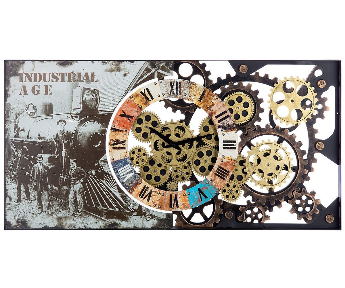 GILDE Wanduhr 50290 – Rechteckige Metall-Wanduhr im Industrial-Design (mit drehenden Zahnrädern, 80×40 cm)