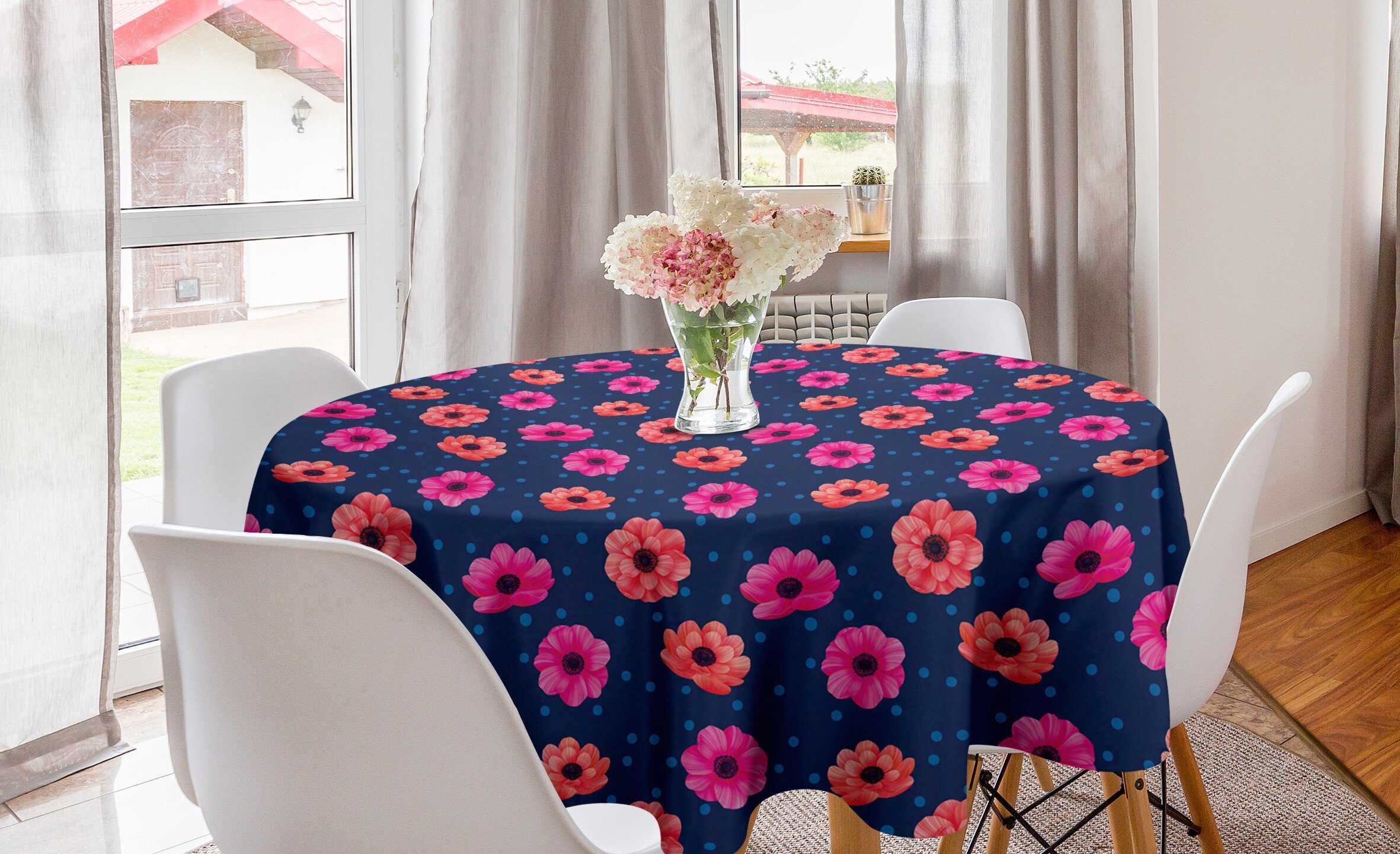 Abakuhaus Tischdecke Kreis Tischdecke Abdeckung für Esszimmer Küche Dekoration, Dunkelpink Blooming Tupfen