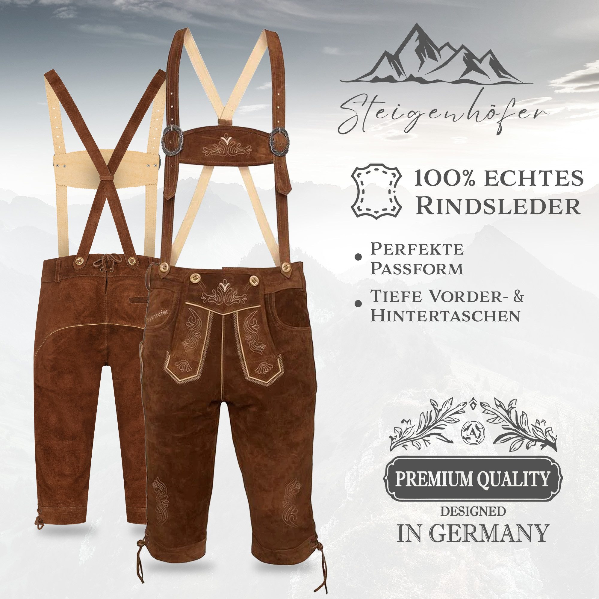 Steigenhöfer Manufaktur Trachtenlederhose Lederhose Herren Tracht Kniebund - Reinhold - 100% Rindsleder (Inklusive verstellbarer Träger) Traditionelle Echtlederhose - Ideal für Dein Oktoberfest Herren Outfit