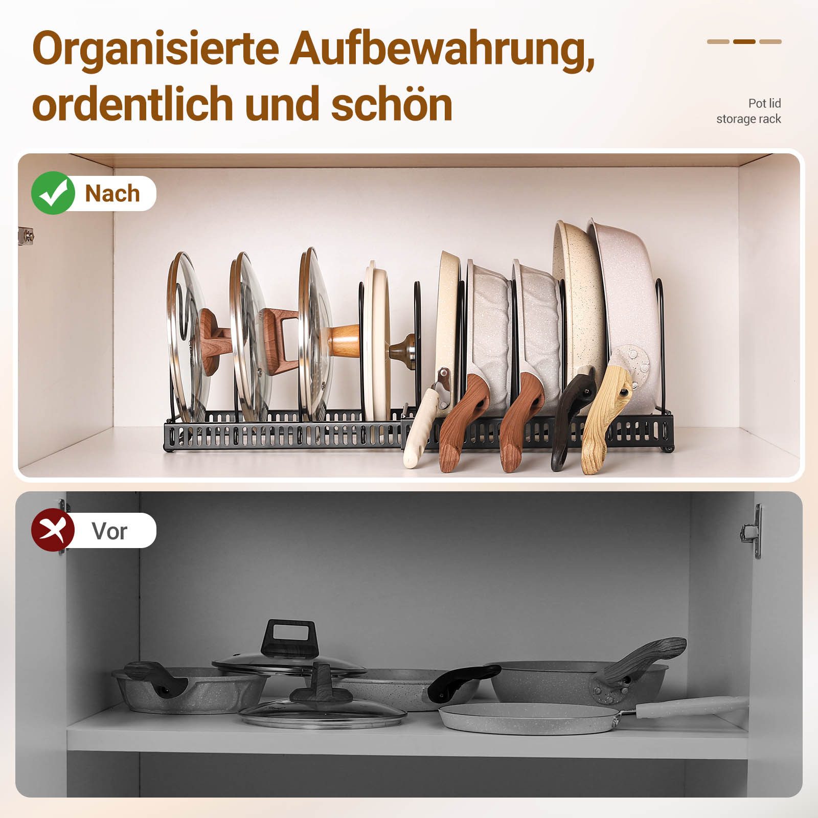 Yorbay Geschirrständer Erweiterbarer Topfdeckelhalter, Teleskopregal, Pfannenhalter Pfannen Organizer für Topfdeckel und Pfannen – Bild 4 von 5