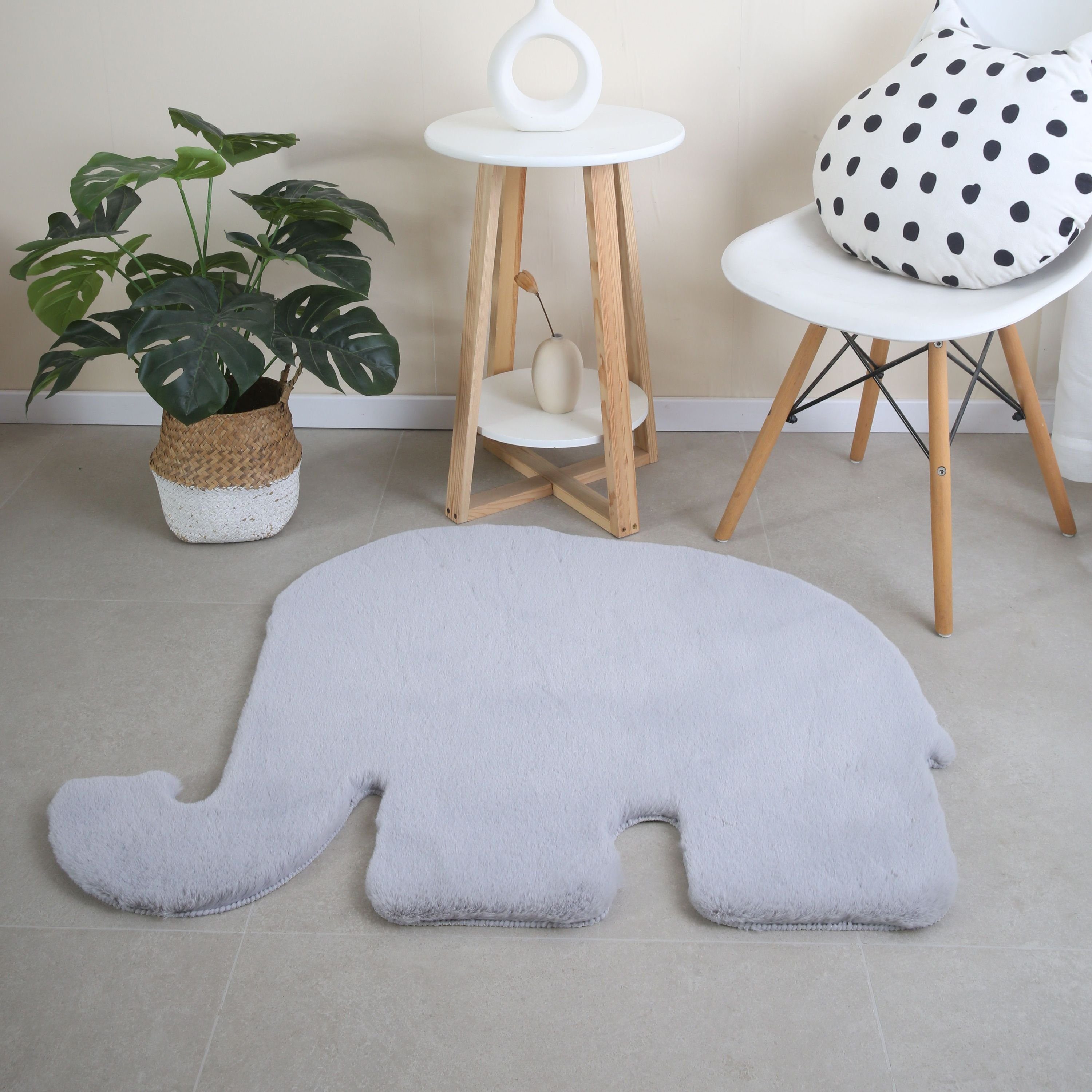 Kasse Teppich Elefant Form, HomebyHome, Höhe: Läufer, Einfarbig Silber Kunstfell 25 Elefantenform Plüsch Teppich Kinderzimmer mm