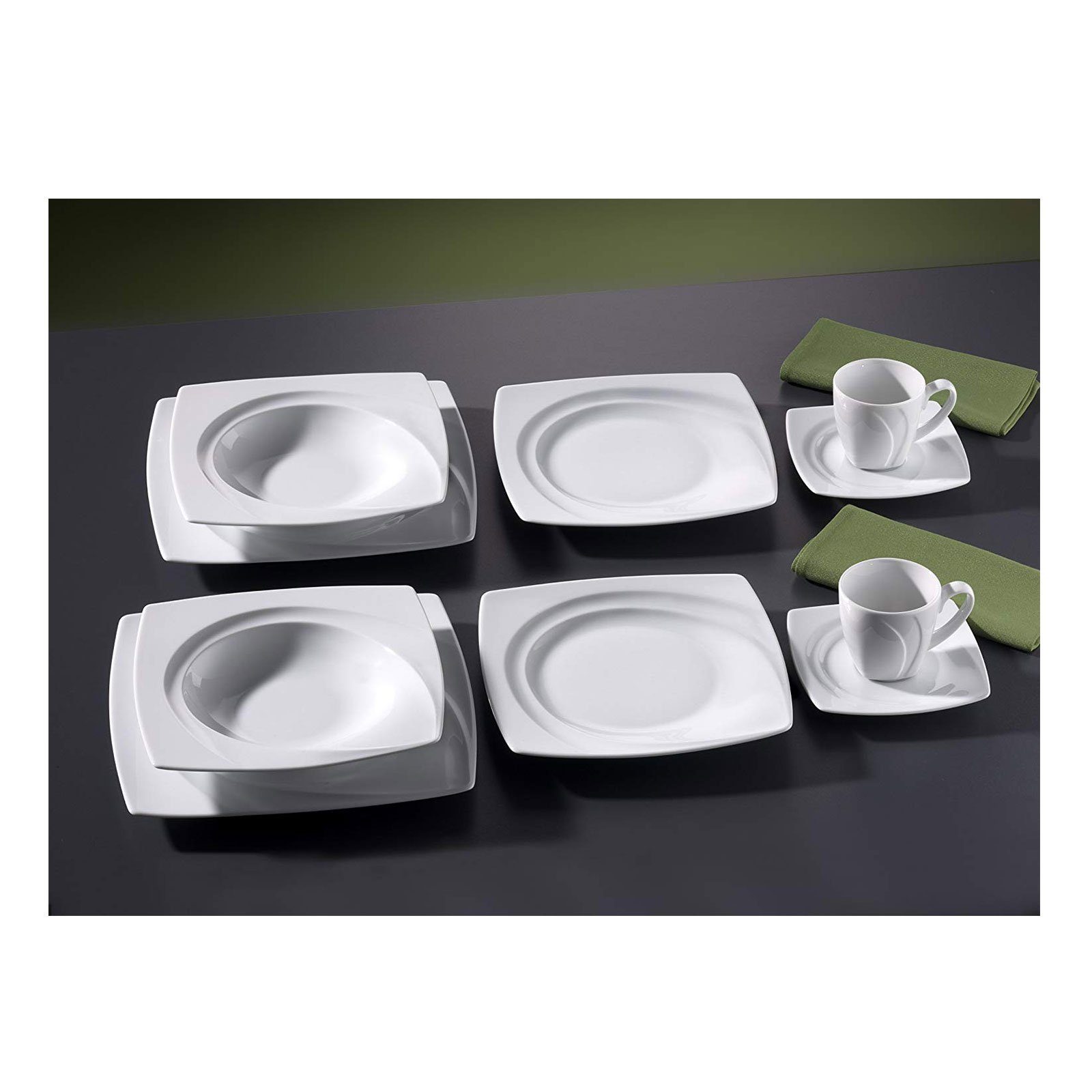 CreaTable Kaffeeservice Geschirr-Set Celebration (18-tlg), 6 Personen,  Porzellan, Service, weiß, außergewöhnliche Geometrie, 18 Teile, für 6  Personen, Quadratisch mit abgerundeten Ecken