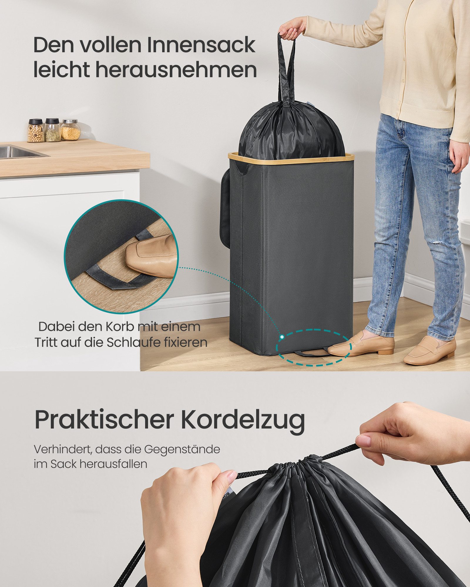 SONGMICS Flaschenkorb Pfandflaschen-Sammelbehälter, Flaschensammler Leergut, Küche, 95 L Pfandflaschen-Behälter, mit Loch, Deckel, Innensack mit Griffen – Bild 4 von 5