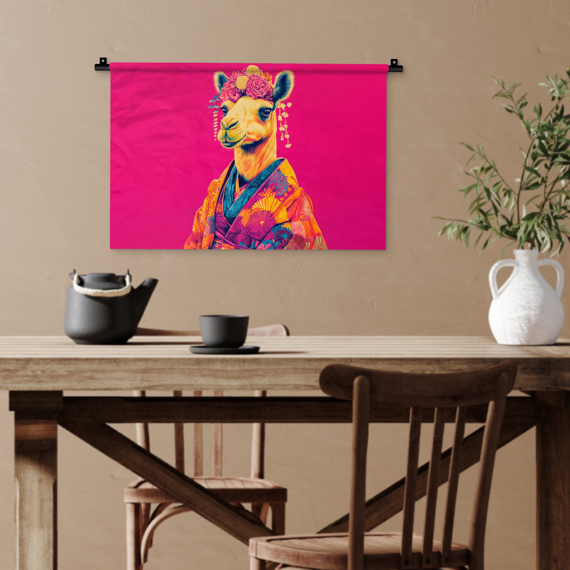 MuchoWow Wandteppich Kamel - Blumen - Kimono - Fächer, Rechteckig, Höhe: 3 mm, Wandteppich für Wohnzimmer, Schlafzimmer, 60x40 cm