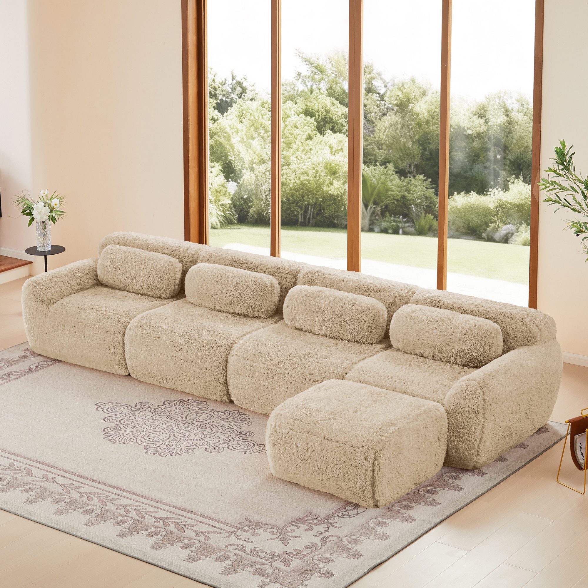 Leawin Sofa 4-Sitzer L-Form Sofa mit Bettfunktion, modulares Sofa Wohnzimmer, Plüschstoff Tiefsofa ohne Montage, mit Kissen & Chaiselongue