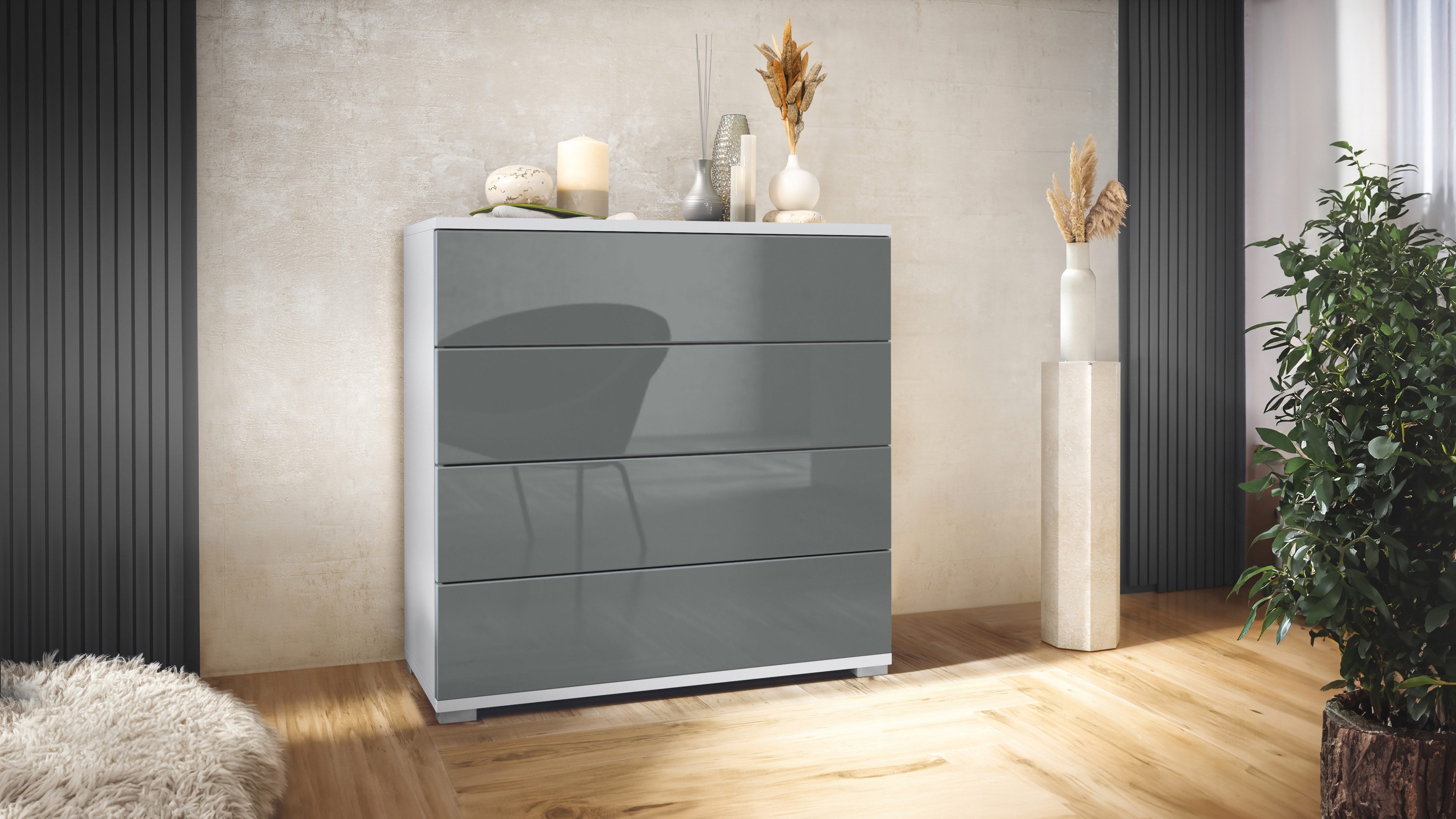 Vladon Kommode Pavos V3 (Sideboard, mit 4 Schubladen), Weiß matt/Grau Hochglanz (76 x 76 x 35 cm)