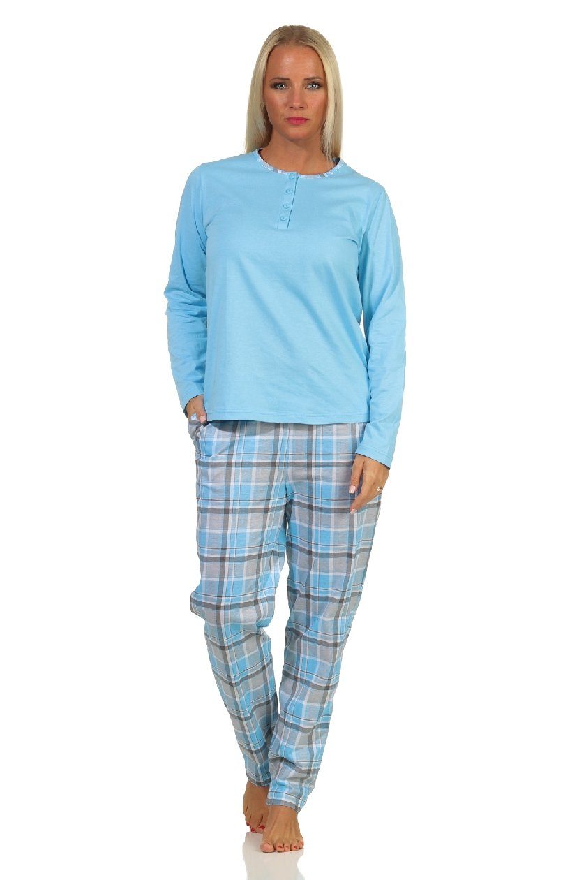 Normann Damen Karohose Knopfleiste am hellblau mit Hals Pyjama Schlafanzug langarm Pyjama und