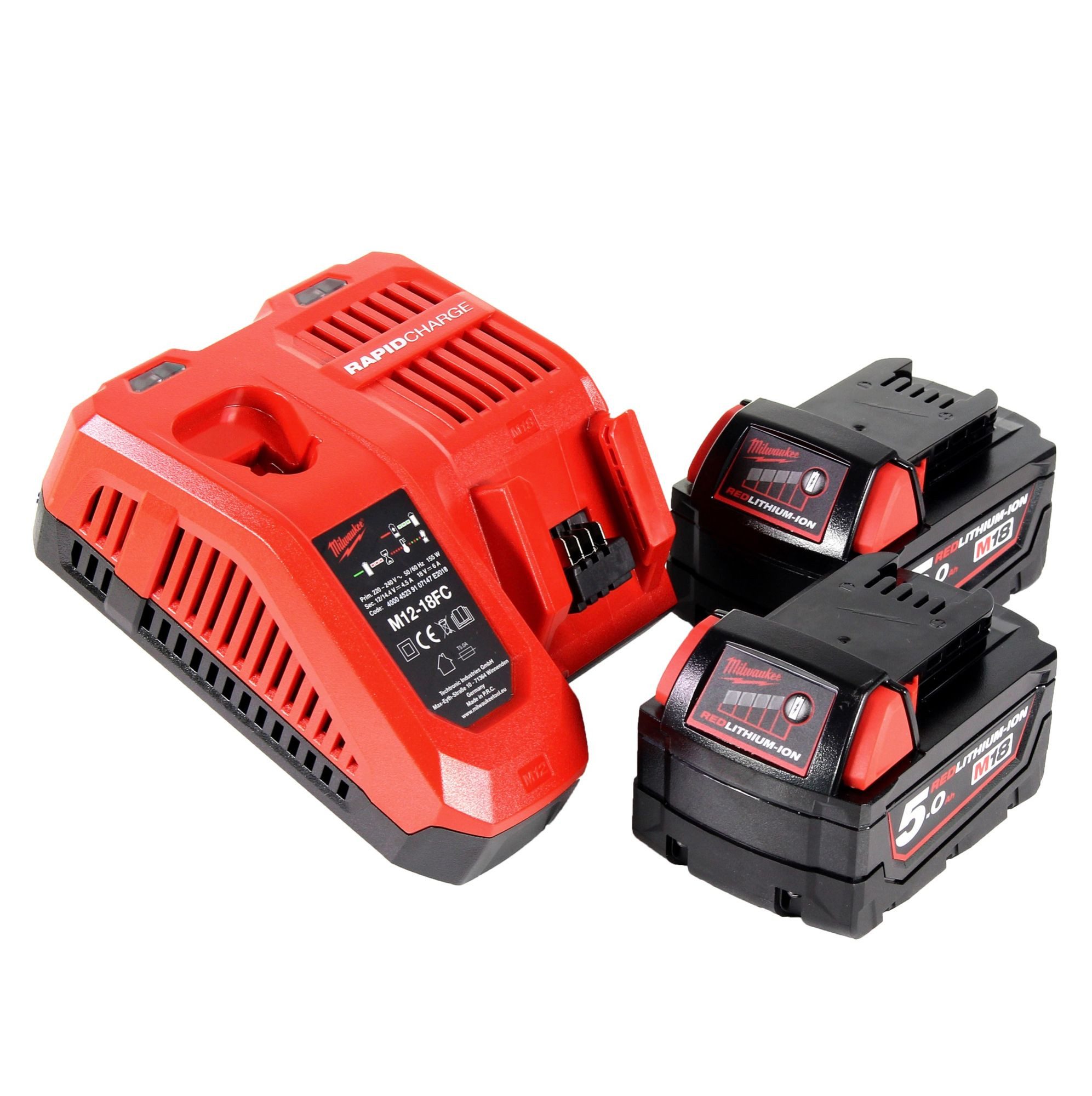 Milwaukee M18 NRG-502 Akku Starter Set 18 V 2x M18 B5 Akku 5,0 Ah + M12-18 FC Akkupacks
