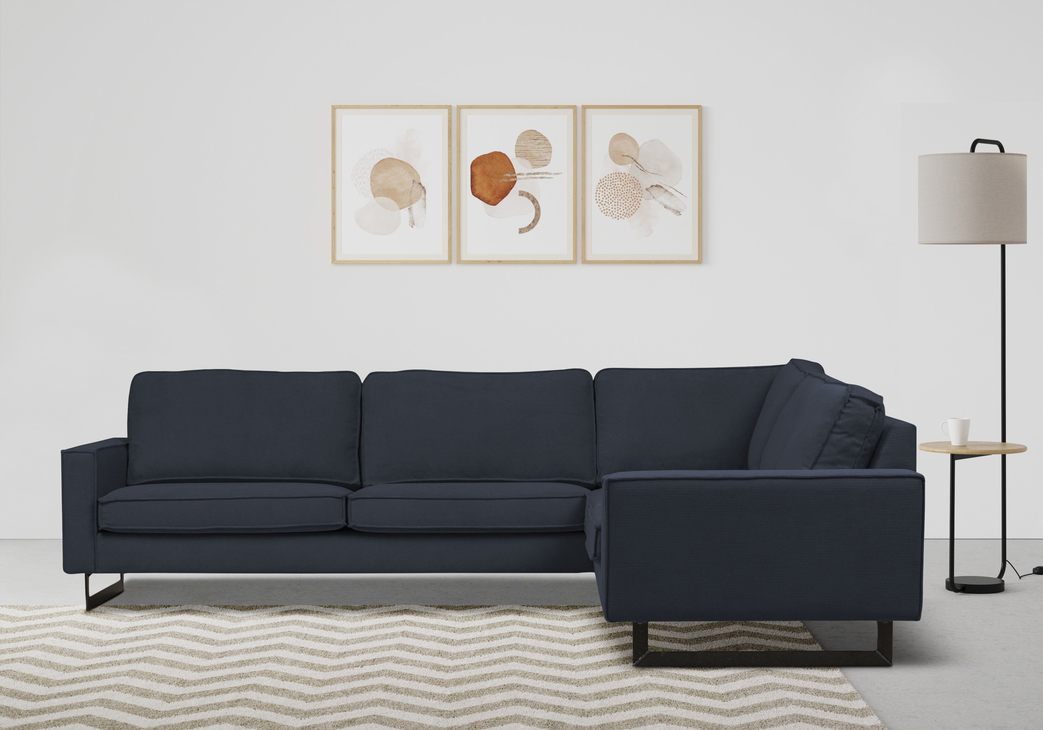 Places of Style Ecksofa Pinto, XXL, 250/290 cm, langer Schenkel, Ottomane, Cord, Chenille, Lederoptik, mit Keder, Metallfüße, Wellenunterfederung