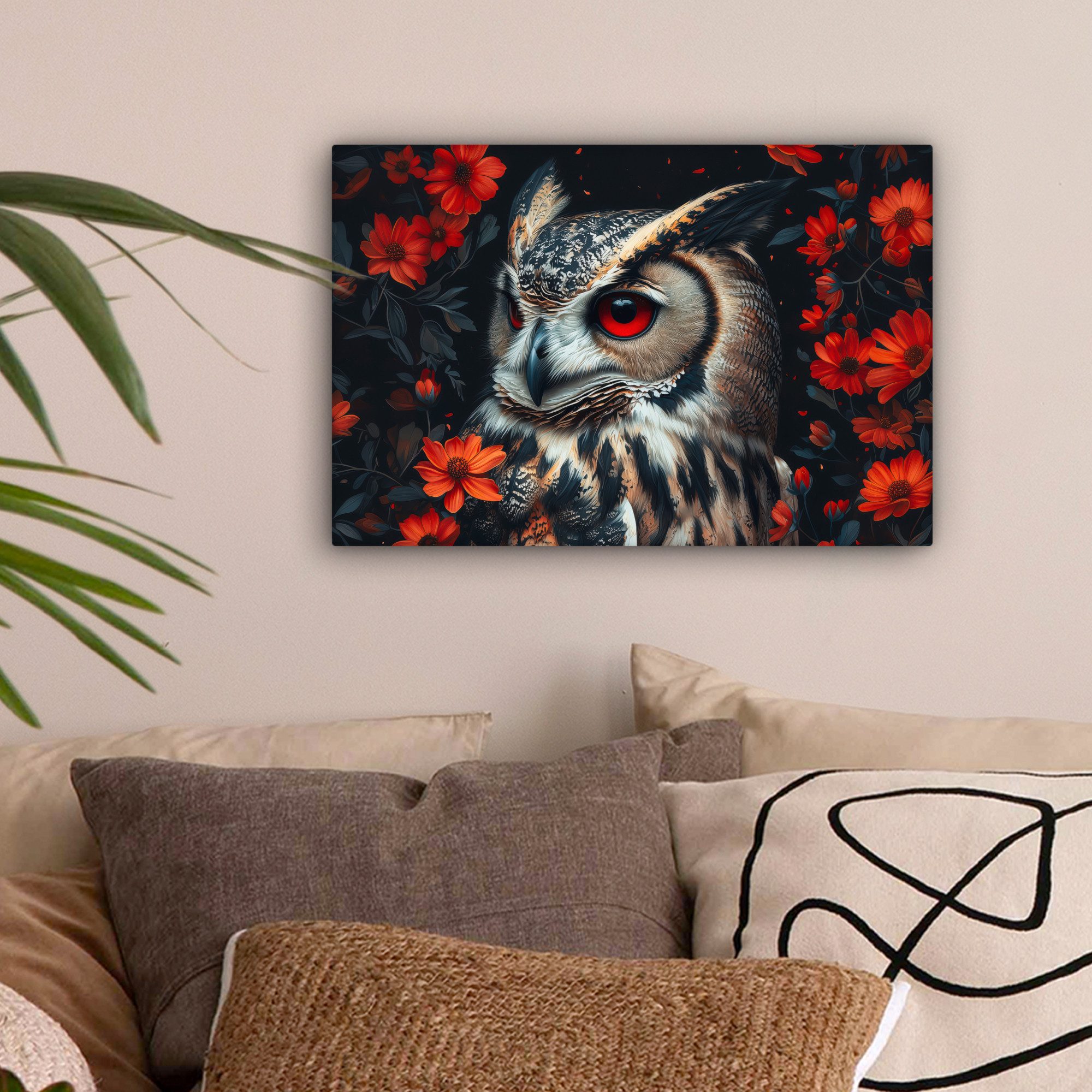OneMillionCanvasses® Leinwandbild Eule - Waldtiere - Rote Blumen - Natur, F günstig online kaufen