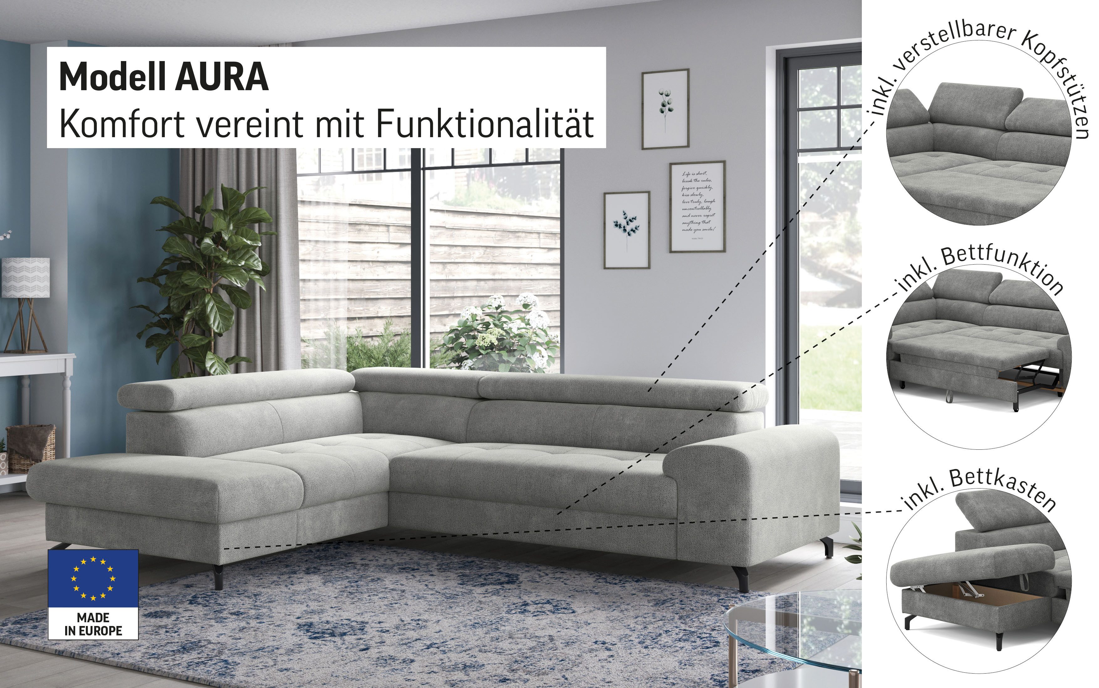 COTTA Ecksofa Aura L-Form, B: 260 cm, mit Bettfunktion, Bettkasten & Kopfteilverstellung
