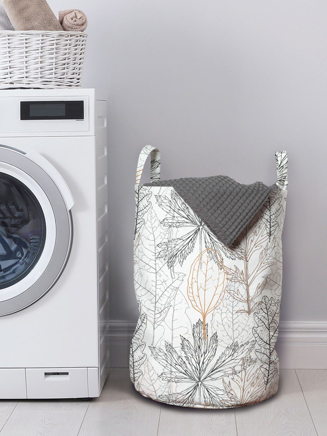 Abakuhaus Wäschesäckchen Kordelzugverschluss Belaubt Minimal Griffen Blätter Wäschekorb für Waschsalons, Umriss mit Tone
