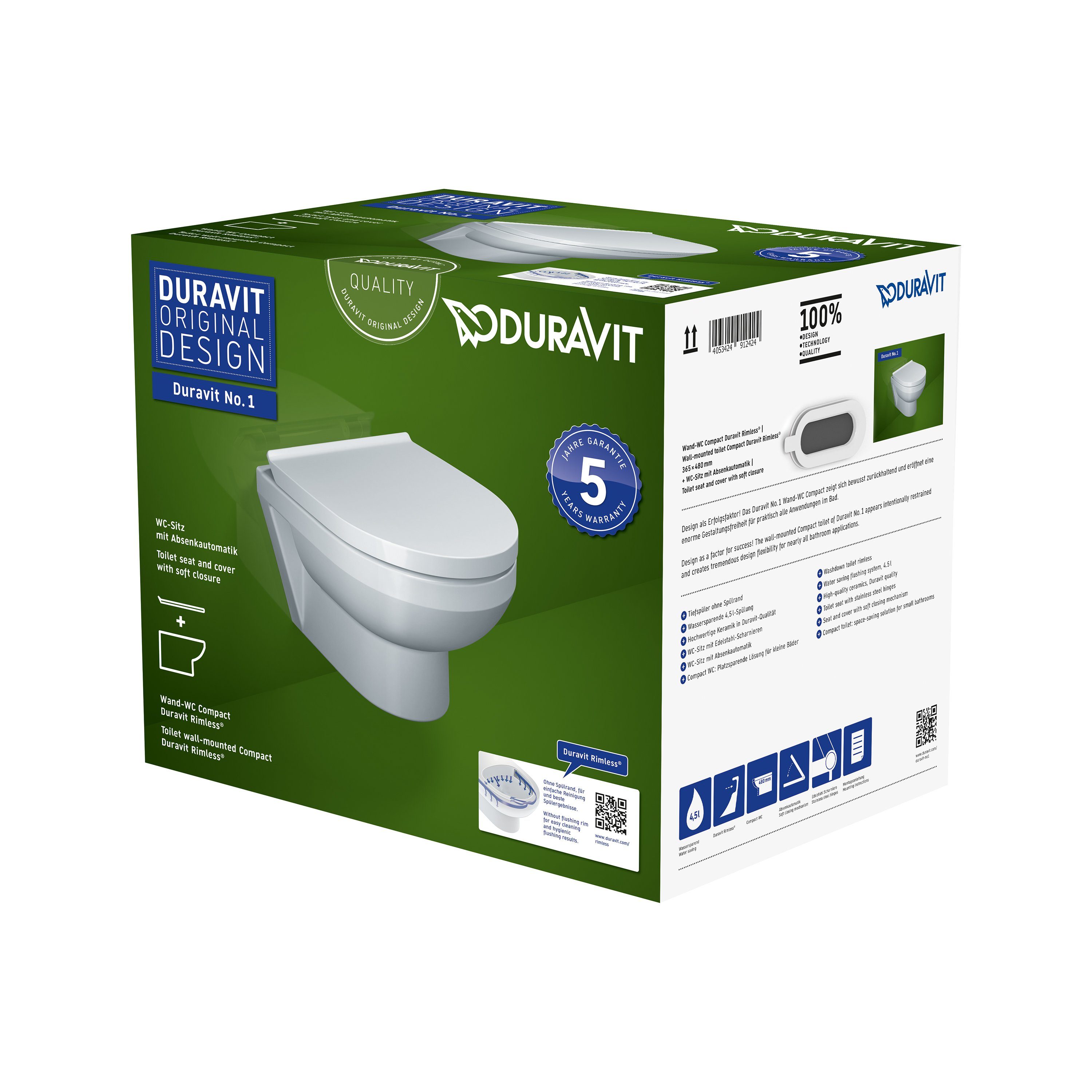 Duravit Tiefspül-WC No.1 Wand-WC Set Toilettensitz randlos WC-Sitz Absenkautomatik, wandhängend, Wand-WC inkl. WC-Sitz