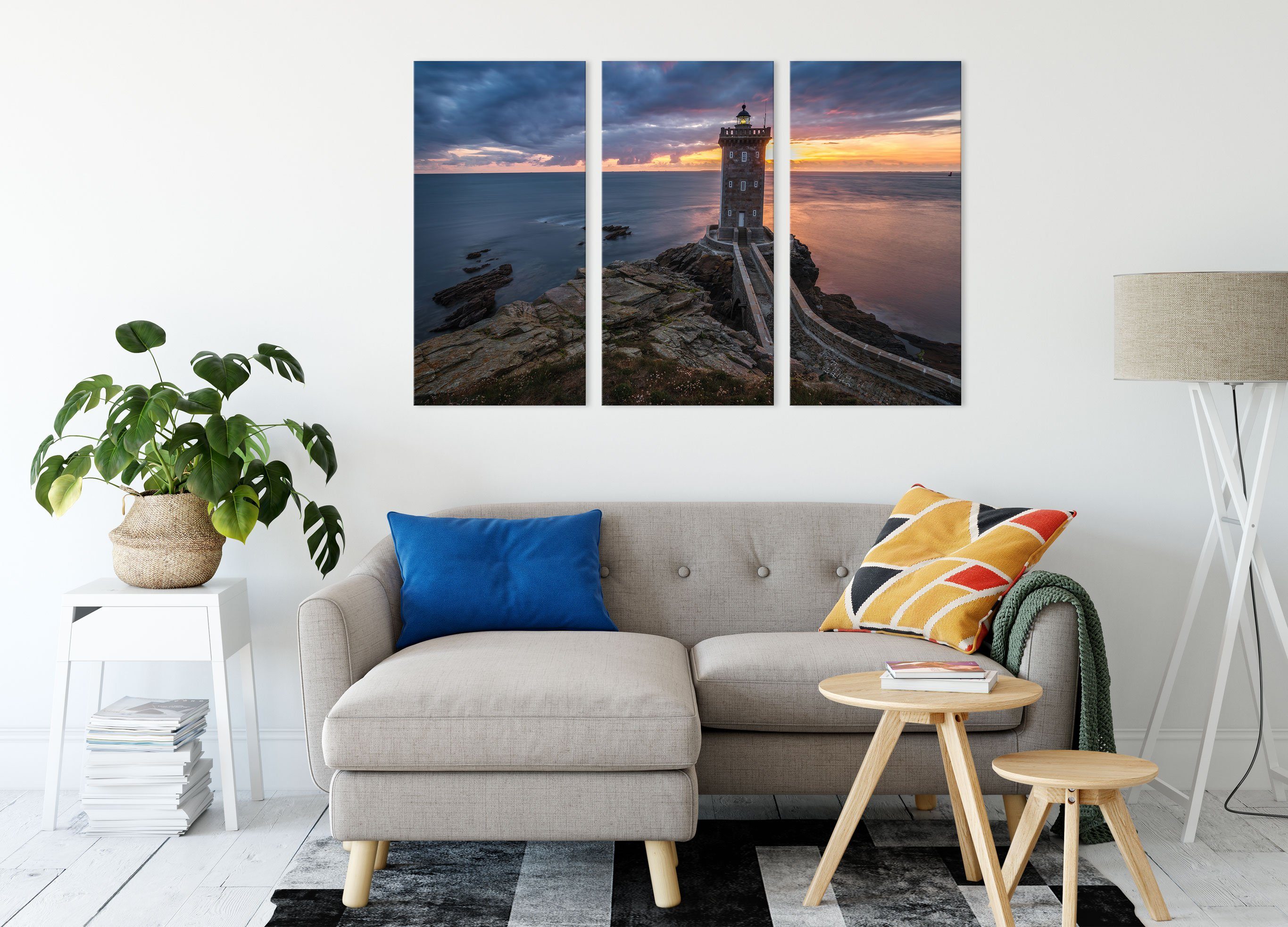 Leuchtturm Zackenaufhänger bespannt, Sonnenuntergang, Pixxprint Leinwandbild Leinwandbild inkl. fertig Leuchtturm im 3Teiler Sonnenuntergang (1 St), (120x80cm) im