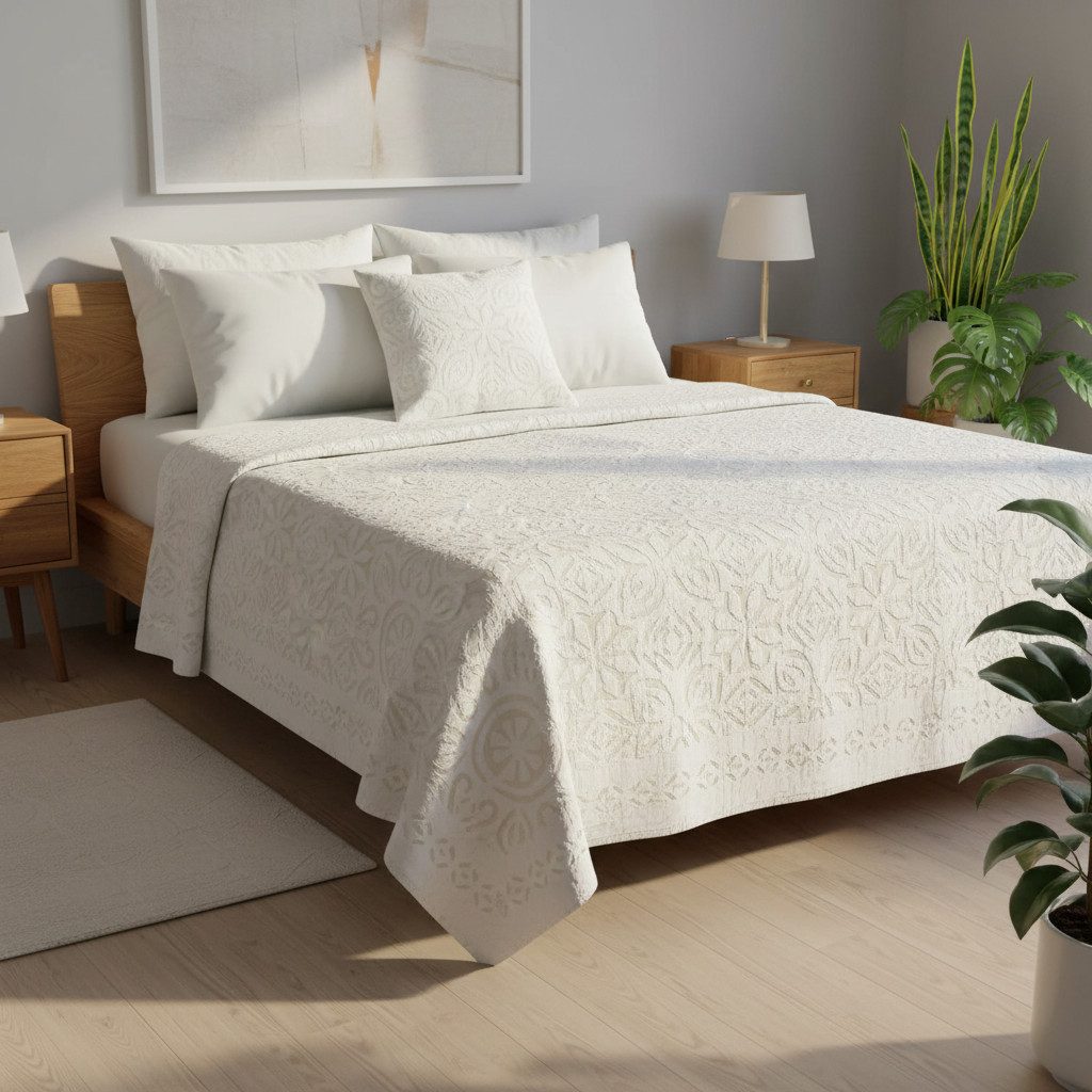 Indradanush Tagesdecke Tagesdecke Bettüberwurf Cutwork creme weiß, handgefertigt, extra groß doppellagig, 240x260cm