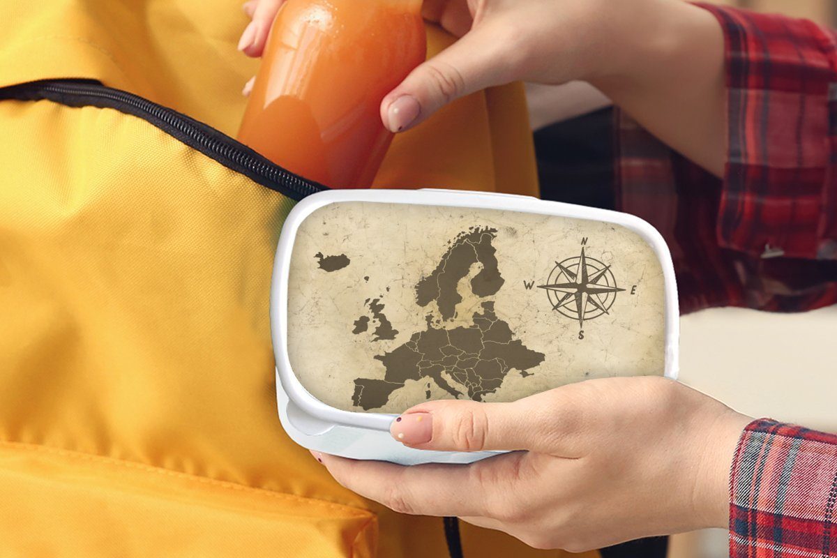 Mädchen MuchoWow Europa Kompass, Kinder für - und Lunchbox Erwachsene, Kunststoff, (2-tlg), Jungs und weiß Brotdose, - für Karte Brotbox