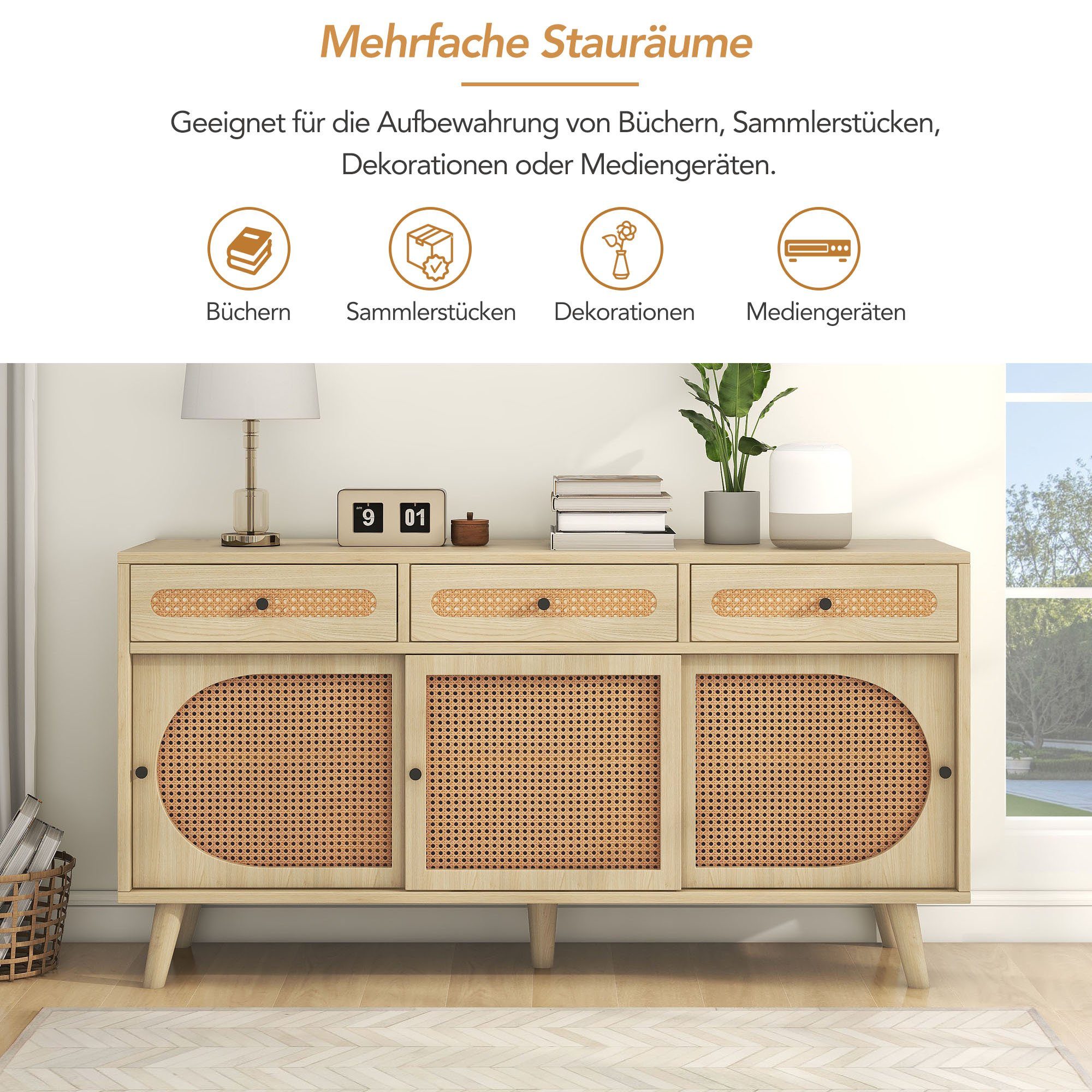 Merax Rattangeflecht, Kommode B:140cm Sideboard Anrichte, Landhausstil und TV-Board, mit 6 mit Schublade Fächer,