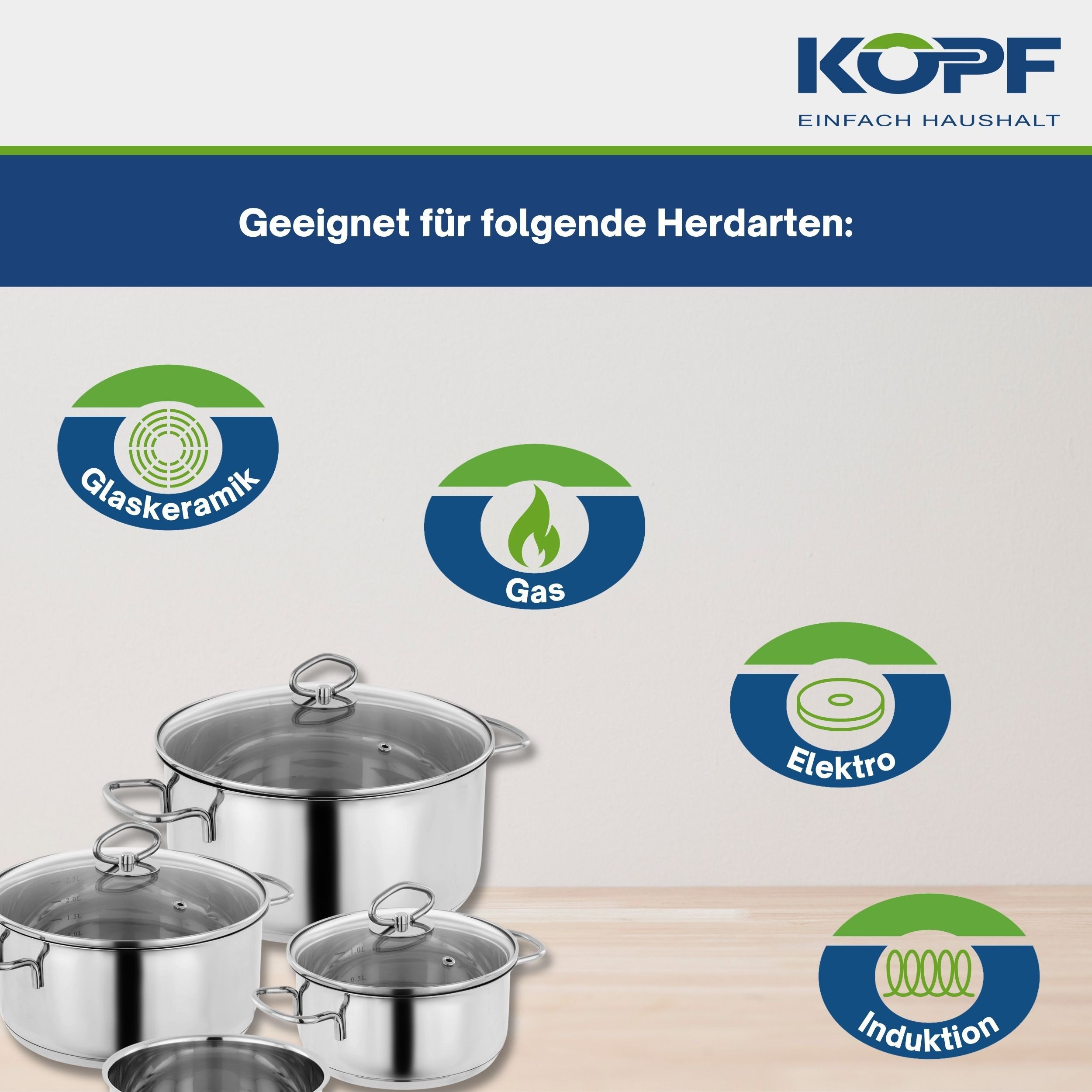 Kopf Topf-Set Merkur 4-teilig, Edelstahl (4-tlg), Induktionstöpfe mit Schüttrand, Literskala und Glasdeckel