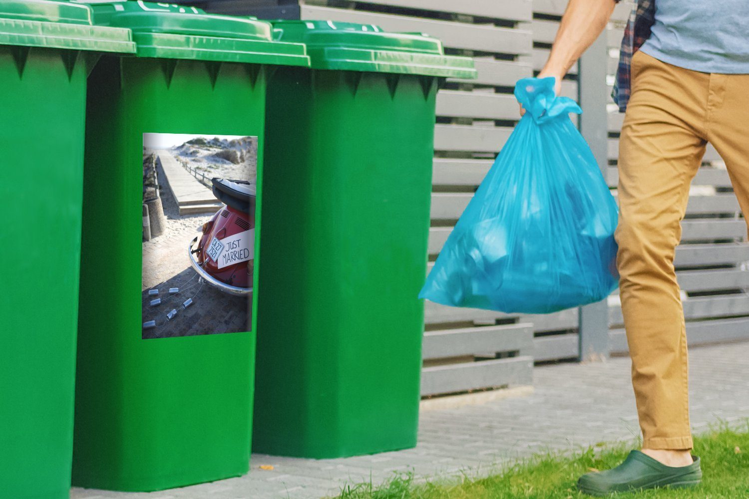 einem verheiratet". St), Container, mit Schild Mülltonne, Auto Abfalbehälter Mülleimer-aufkleber, MuchoWow (1 Sticker, "Frisch Wandsticker
