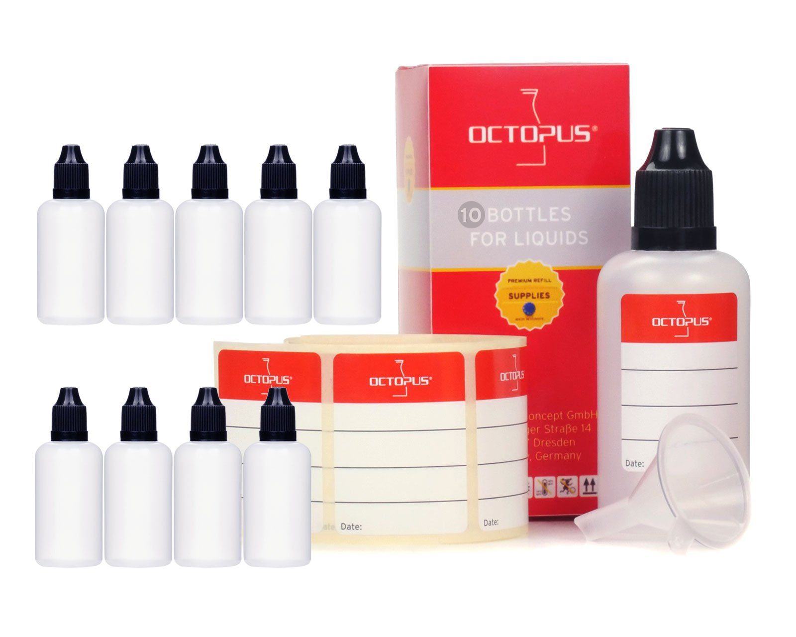 OCTOPUS Kanister 10 Plastikflaschen 50 ml LDPE, G14, Tropfeinsatz, Deckel schwarz, 1 (10 St)
