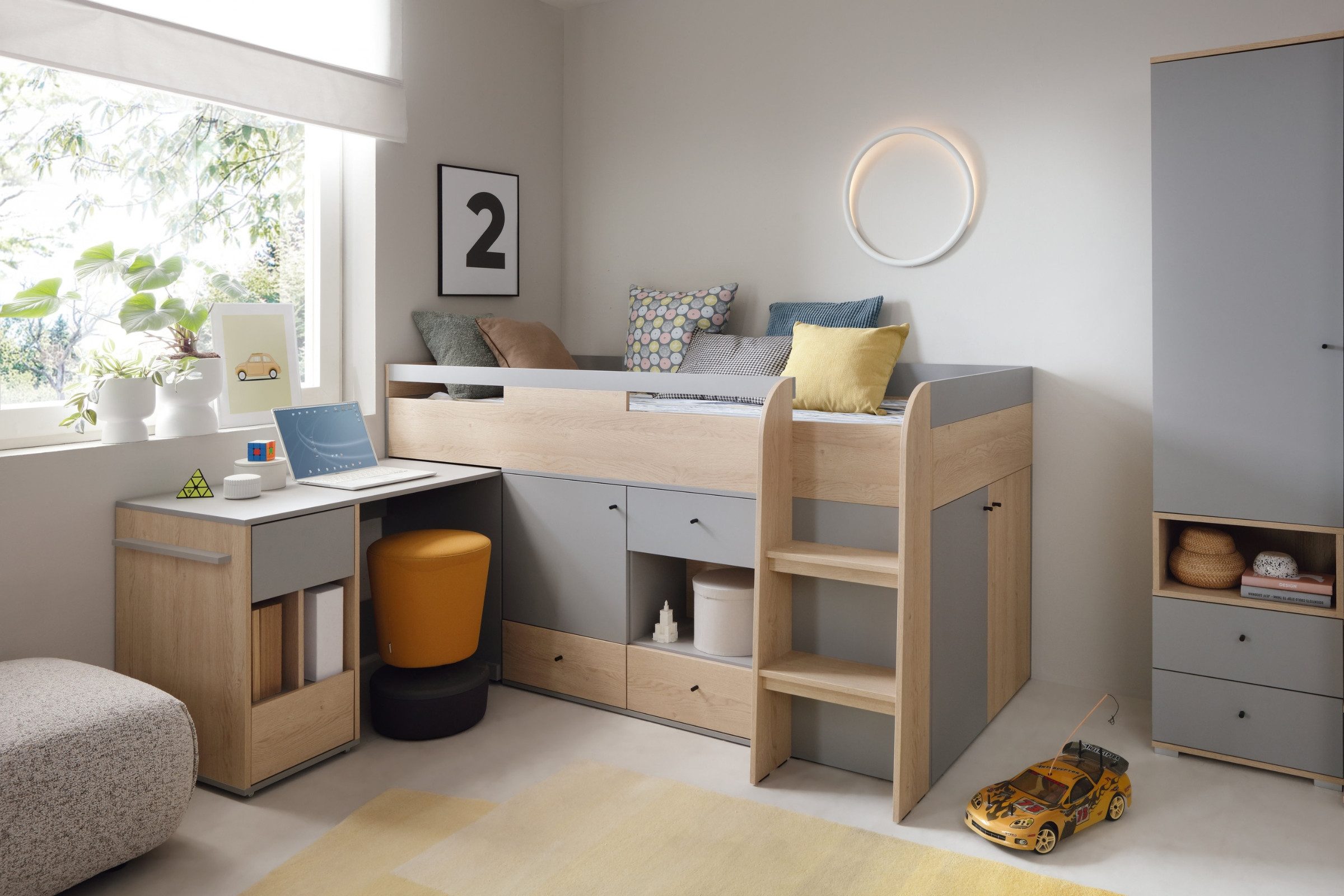 Deine Möbel 24 Hochkommode OLAF 04 Kommode Sideboard 120 cm breit (Set, 4 St., mit 4 Schubladen), OLAF Kollektion Kinderzimmer Jugendzimmer Grau Eiche