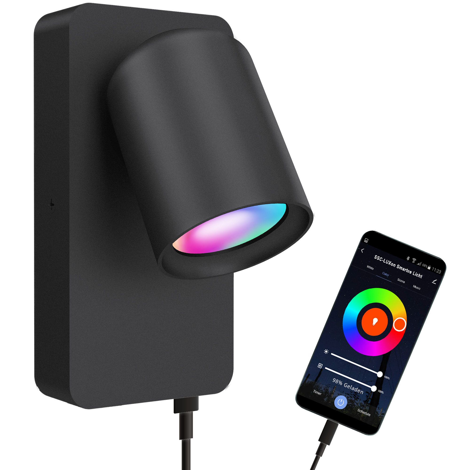 SSC-LUXon LED Wandleuchte Wandleuchte NERU schwarz mit USB Schalter Smart GU10 LED 5W, RGB & Weißtöne