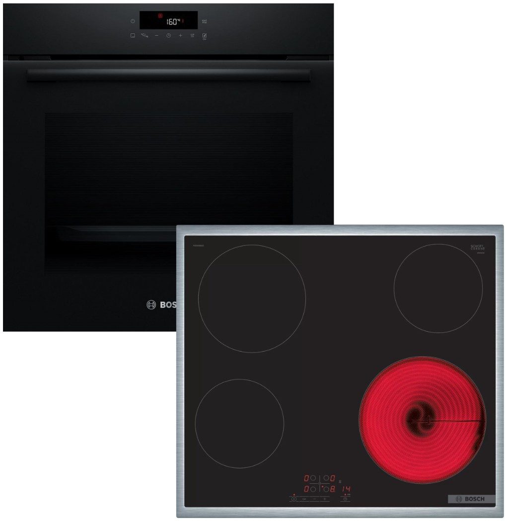 BOSCH Backofen-Set Pyrolyse 3D Heissluft Schwarz Edelstahl-Rahmen Glaskeramikkochfeld, mit Nein, Pyrolyse-Selbstreinigung Hydrolyse
