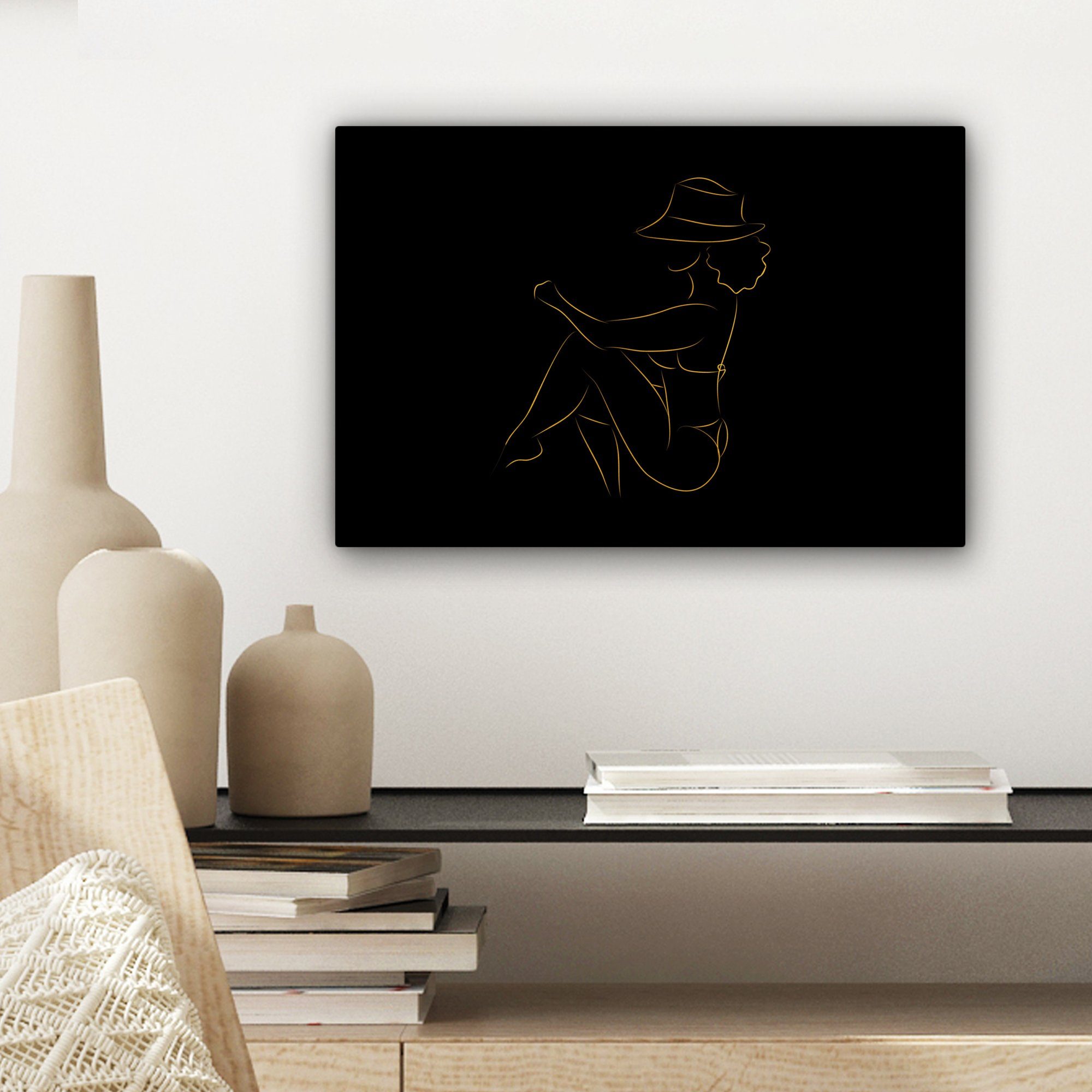 OneMillionCanvasses® Leinwandbild Frau Leinwandbilder, Hut Gold cm Wanddeko, - (1 30x20 St), Aufhängefertig, - - Wandbild Strichzeichnung
