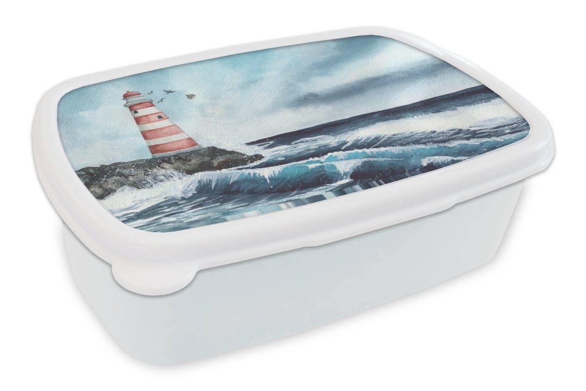 MuchoWow Lunchbox Leuchtturm - Meer - Golf, Kunststoff, (2-tlg), Brotbox für Kinder und Erwachsene, Brotdose, für Jungs und Mädchen weiß