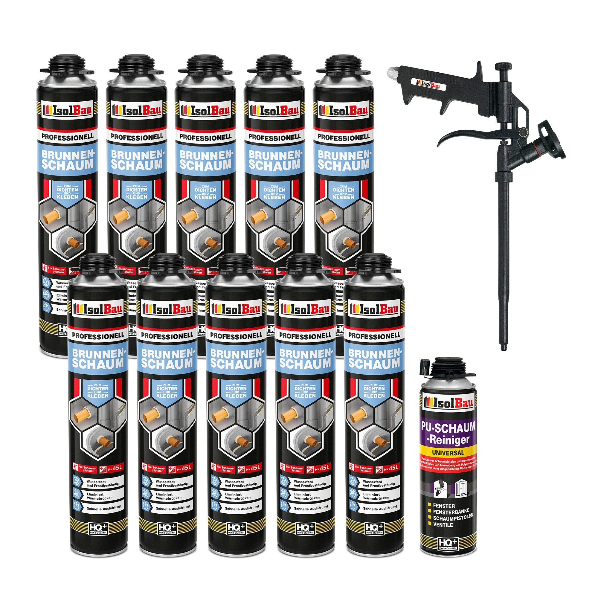 None Montagekleber Isolbau SET Brunnenschaum Dämmschaum Bauschaum PU-Schaum 10 x 750 ml, Montageschaum 750 ml, 1 x PU-Schaum-Reiniger & 1 x Schaumpistole