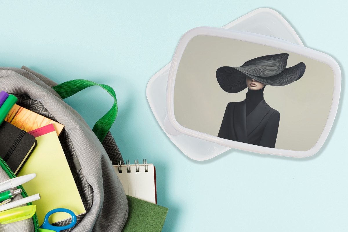 MuchoWow Lunchbox Schwarz - Frau - Hut, Kunststoff, (2-tlg), Brotdose Schule oder Arbeit, Brotbox für Kinder und Erwachsene