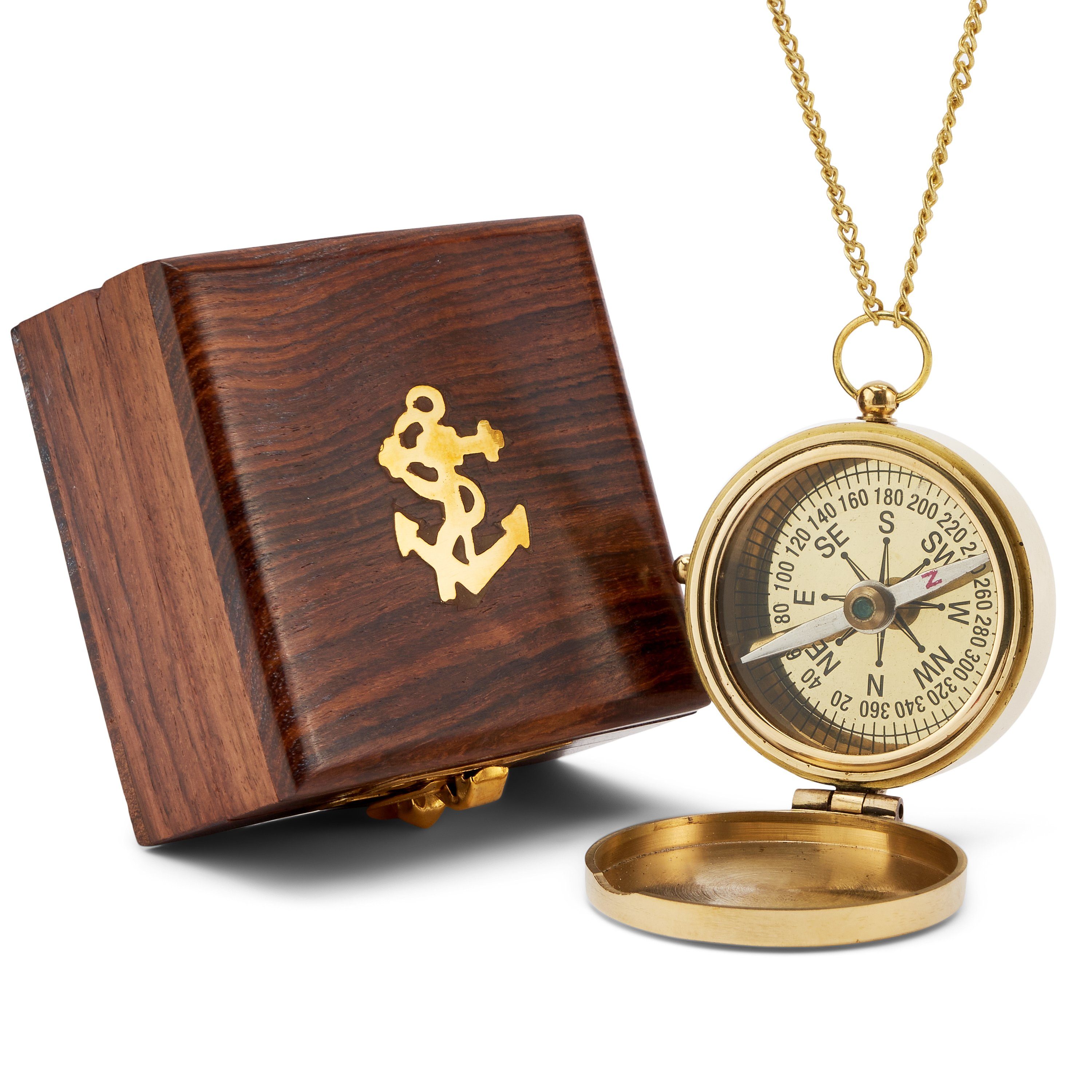 5cm Kompass mit Kette aus Messing Holzbox Taschenkompass Orientierungs maritimes Navigationsgerät