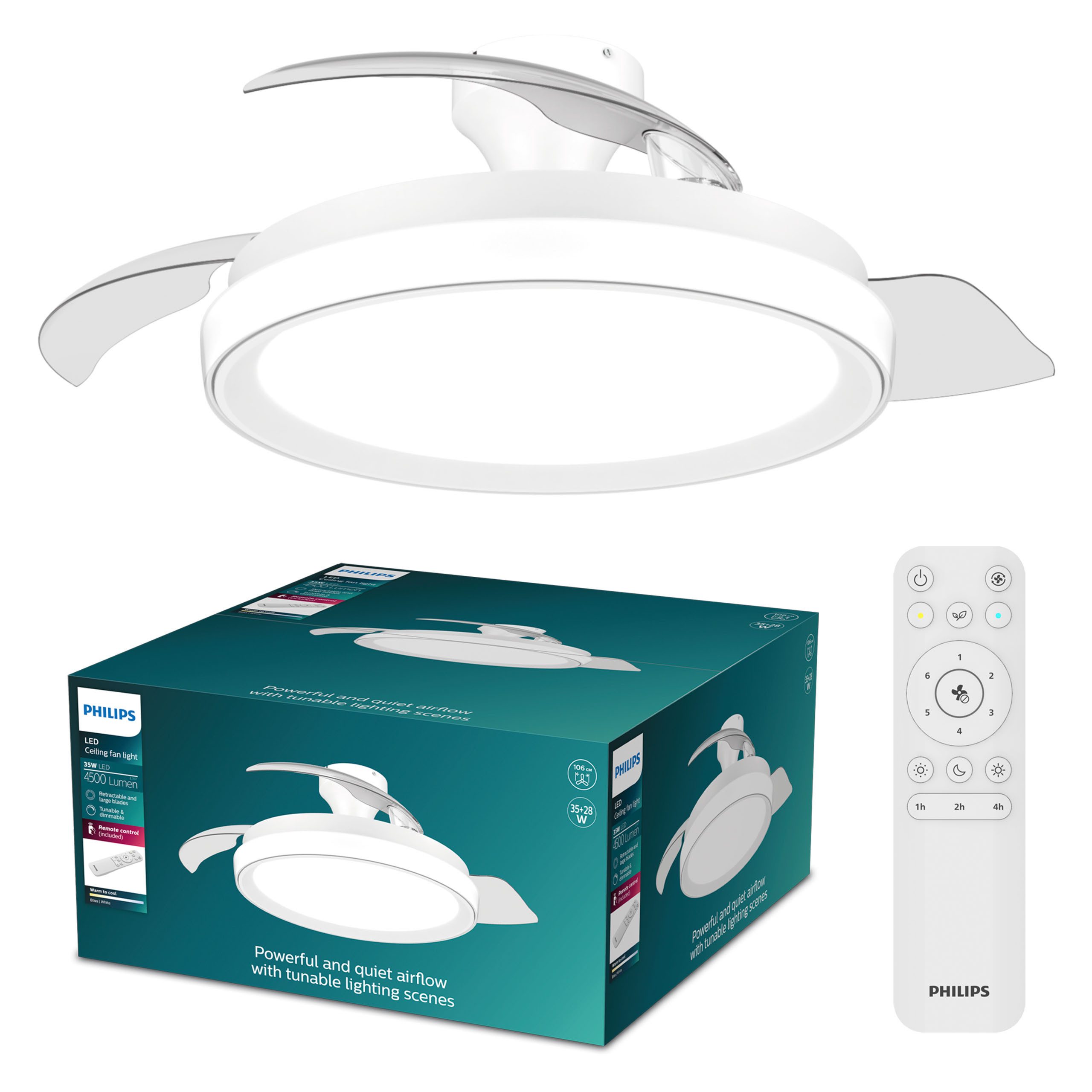 Philips LED Deckenleuchte Bliss 35W DC-Ventilator 28W, einziehbare Rotorblätter, Glitzeroptik, CCT - über Fernbedienung, Dimmer, Dimmfunktion, Ein-/Ausschalter, Farbsteuerung, Fernbedienung, Infrarot inkl., Memoryfunktion, Ventilatorfunktion, dimmbar über