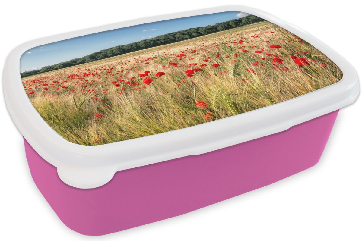 MuchoWow Lunchbox Wilde Mohnblumen rosa Feld, (2-tlg), Kunststoff Kunststoff, Kinder, großen Mädchen, Erwachsene, Brotbox einem Snackbox, für auf Brotdose