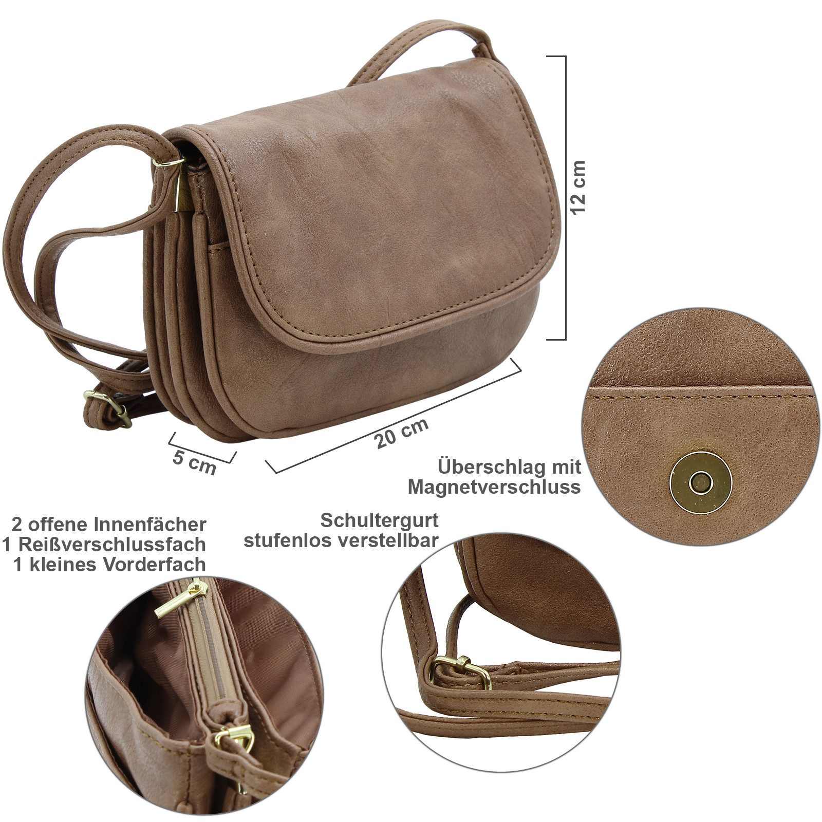 J JONES JENNIFER JONES Umhängetasche Kleine Damen Schultertasche Abendtasche zum Ausgehen, viele Fächer, Hauptfach mit Reißverschluss