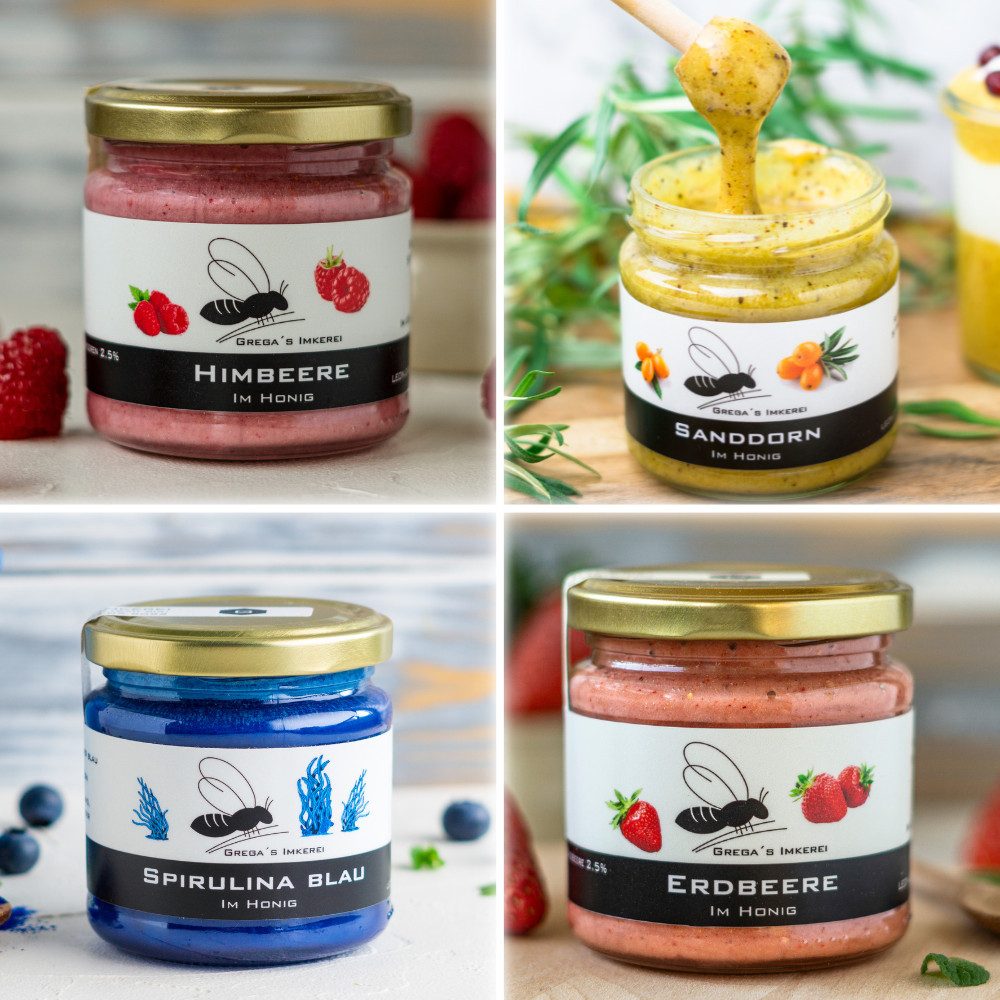 Grega´s Imkerei Honig 4er Box – Honigsüßer Brotaufstrich, 4 x 250 g, (perfektes Probier- & Geschenkset), 4 Gläser mit Erdbeere Himbeere Sanddorn sowie Spirulina Blau im Honig