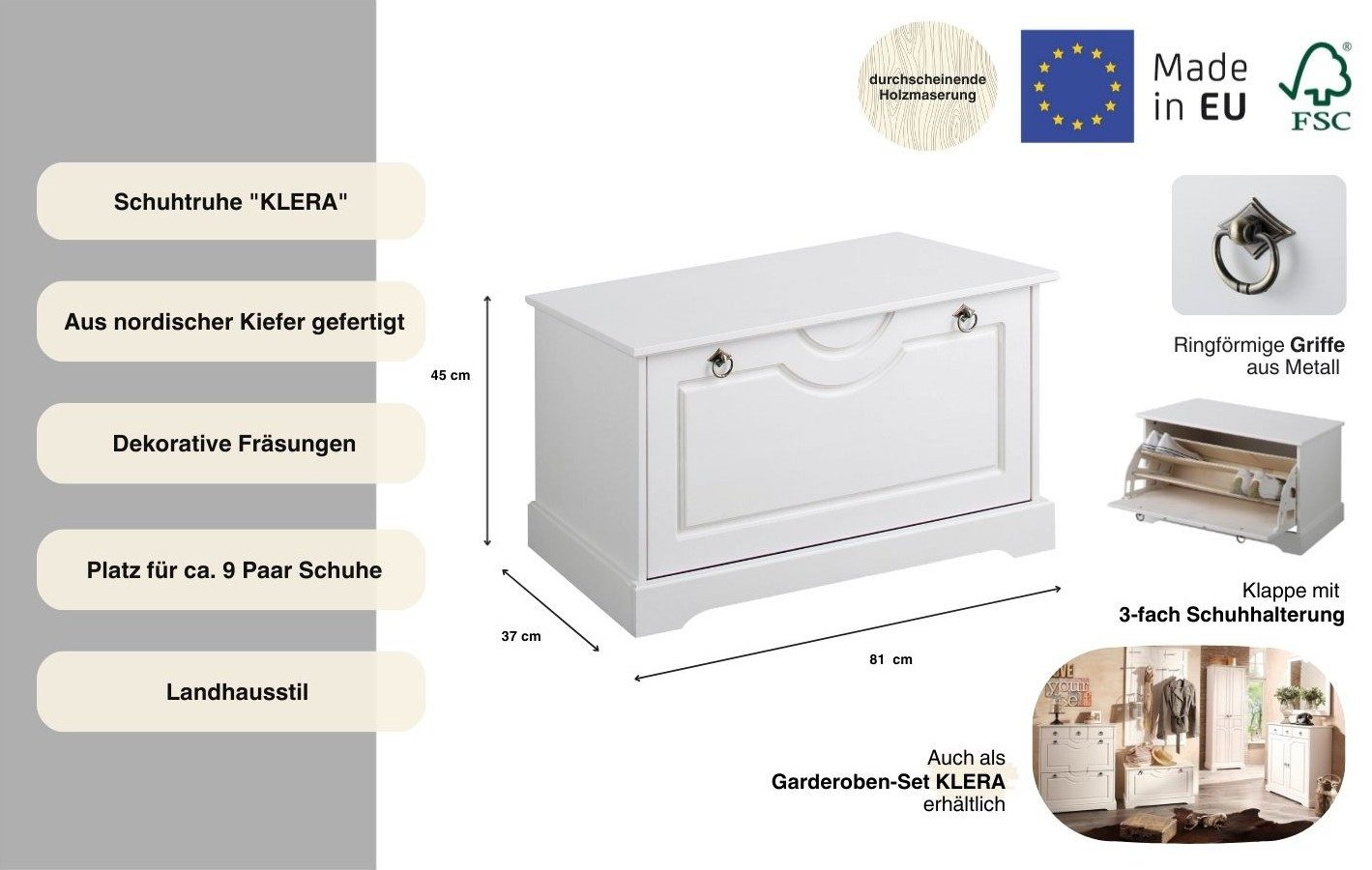 OTTO home Schuhtruhe Klera, Breite 81 cm, aus massiver Kiefer, FSC®-zertifiziert
