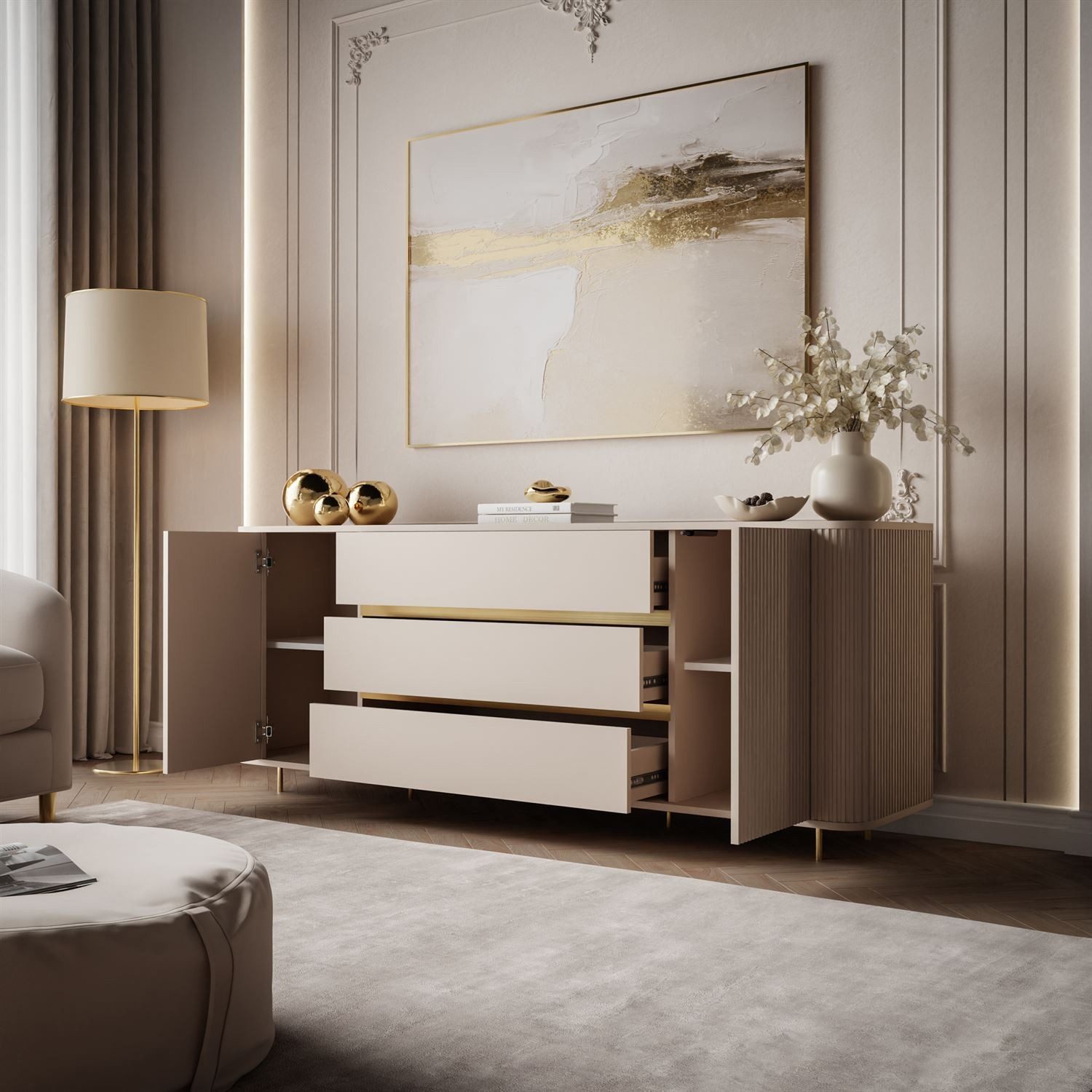 ALLHOUSE24 Kommode MIRACLE Sideboard Sandbeige mit Rillenfronten und abgerundeten Seiten (1x Kommode), Breite 180 cm