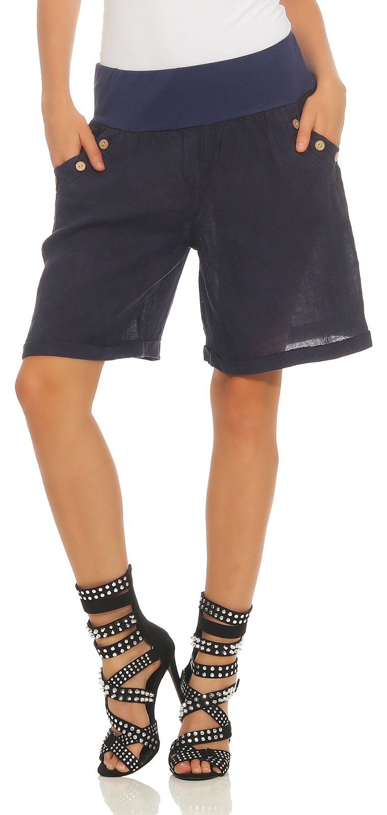 Hose kurze Damen Bermuda Leinenshorts % Unifarbe Shorts 280 in Schwarz Mississhop Leinenhose elastischem Bund, 100 mit Leinen
