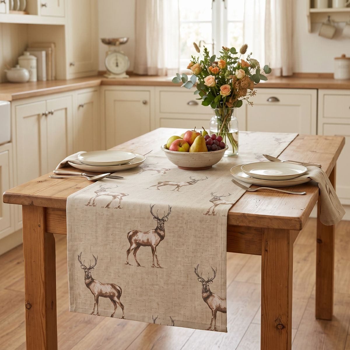 SCHÖNER LEBEN. Tischläufer Fryett`s Landhaus Hirsch natur braun, handmade