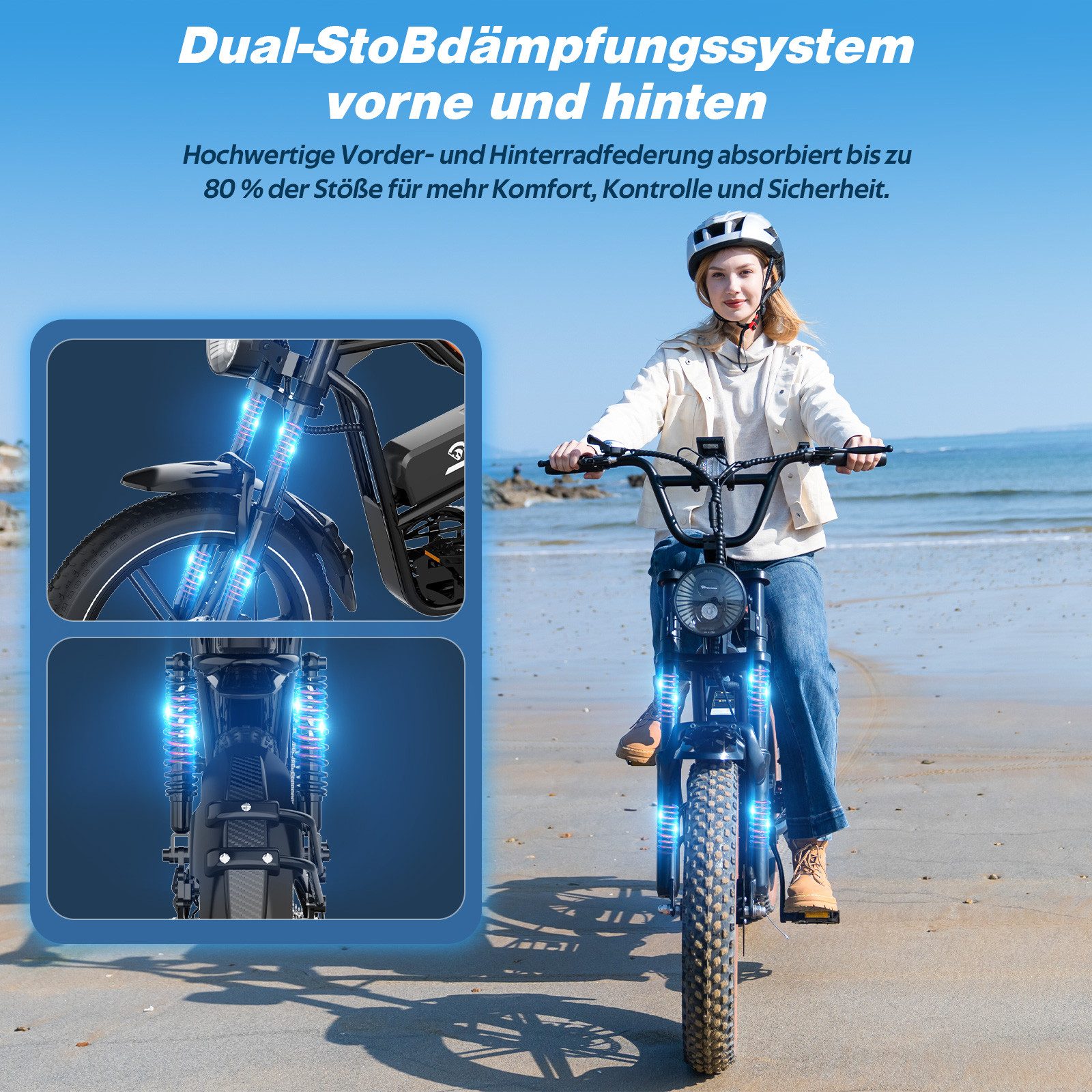 EVERCROSS TECH E-Bike EK30 20” x 4,0 fette Reifen MTB, 48V 15AH Removable Battery, NFC, 7 Gang, Heckmotor, bis 55-100km, 7 Gang Shimano, Kettenschaltung, Heckmotor