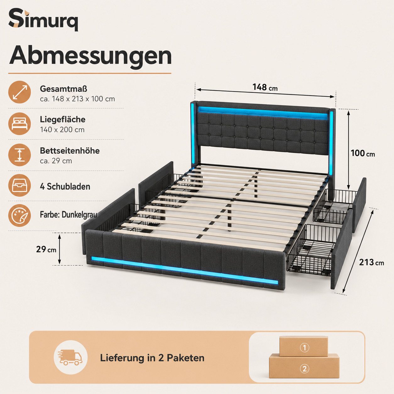 Simurq Polsterbett 140x200 mit Stauraum, 4 Schubladen, LED & USB-C-Ladefunktion (Bettgestell mit Lattenrost, 1 Bettgestell mit Lattenrost, 4 Schubladen und Montageanleitung), LED am Kopfteil