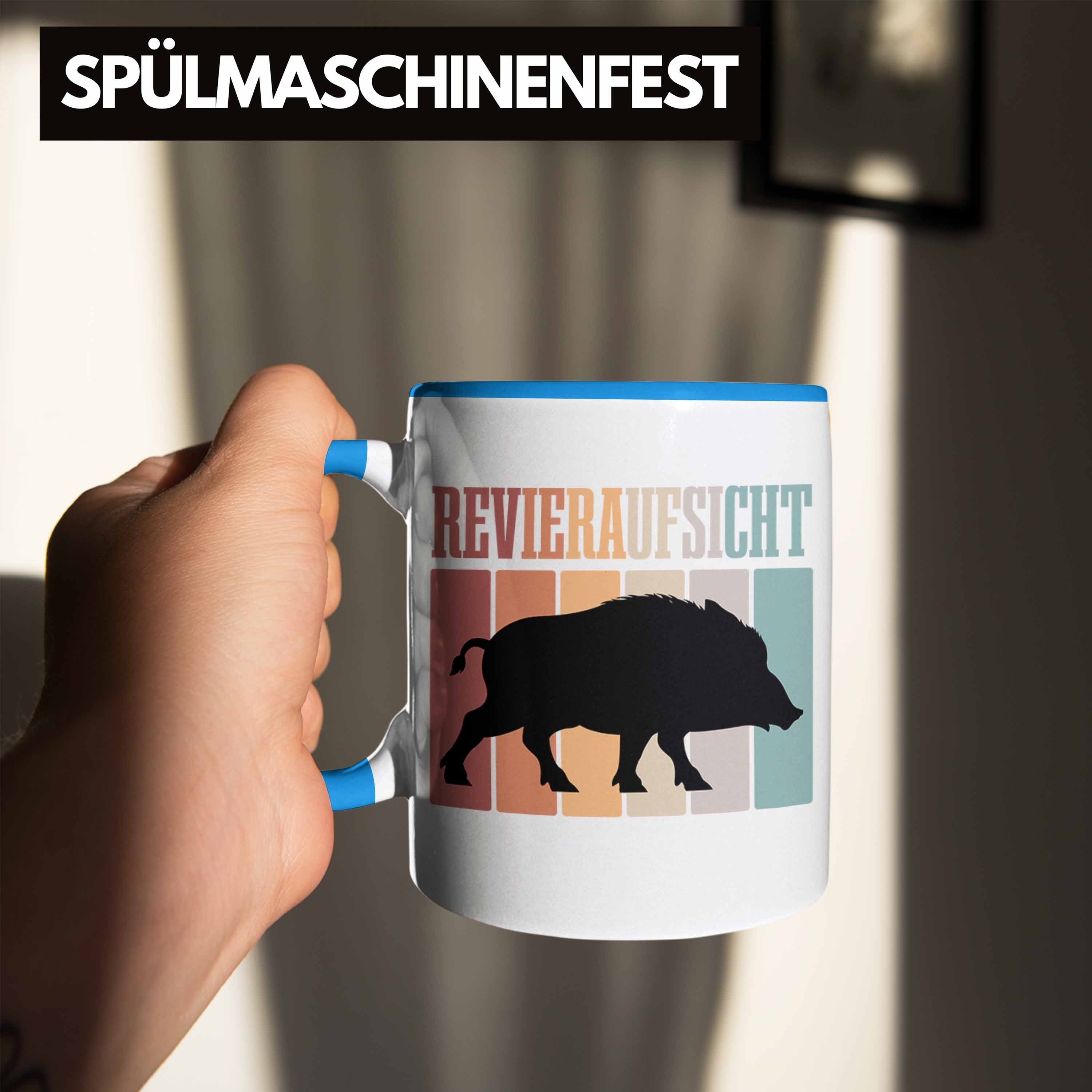 Trendation Tasse Revieraufsicht Tasse Geschenk Wildschwein Blau Jäger für Geschenkidee Jäger